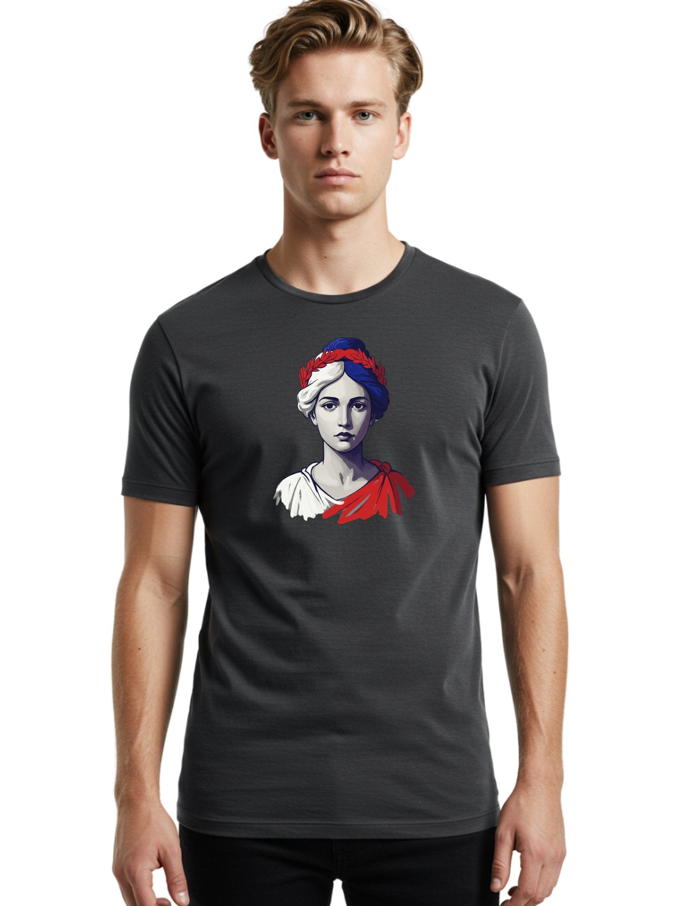 Marianne Men'S Graphic Tee, 100% Cotton, Comfortable Casual Summer Wear, Machine Washable, Woman Wearing Red Laurel Wreath, Red Ribbon, French Flag Colors, Symbolic Figure, National Personification, Liberty, French Culture, Classic Portrait, Bad299 28