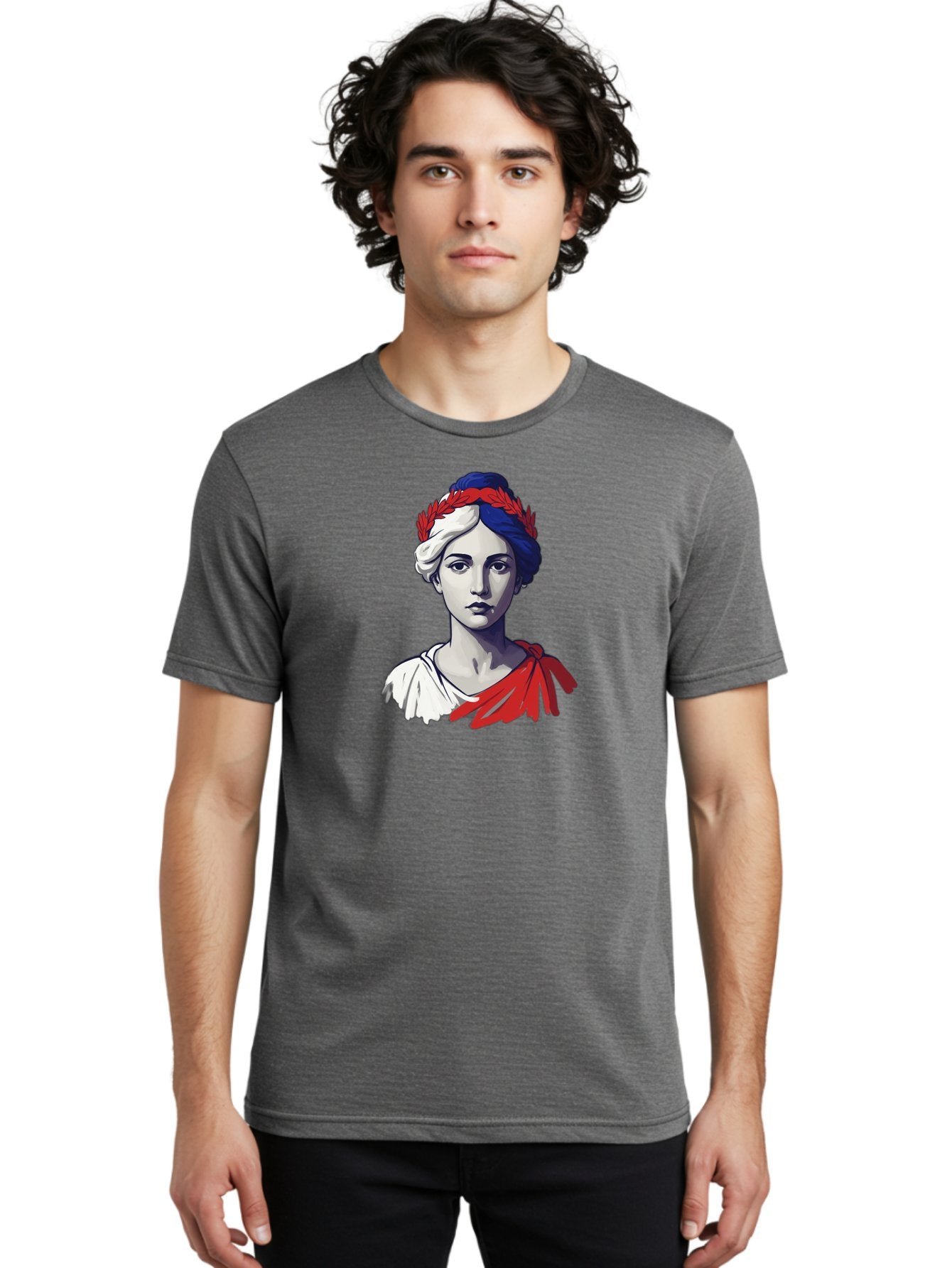 Marianne Men'S Graphic Tee, 100% Cotton, Comfortable Casual Summer Wear, Machine Washable, Woman Wearing Red Laurel Wreath, Red Ribbon, French Flag Colors, Symbolic Figure, National Personification, Liberty, French Culture, Classic Portrait, Bad299 18