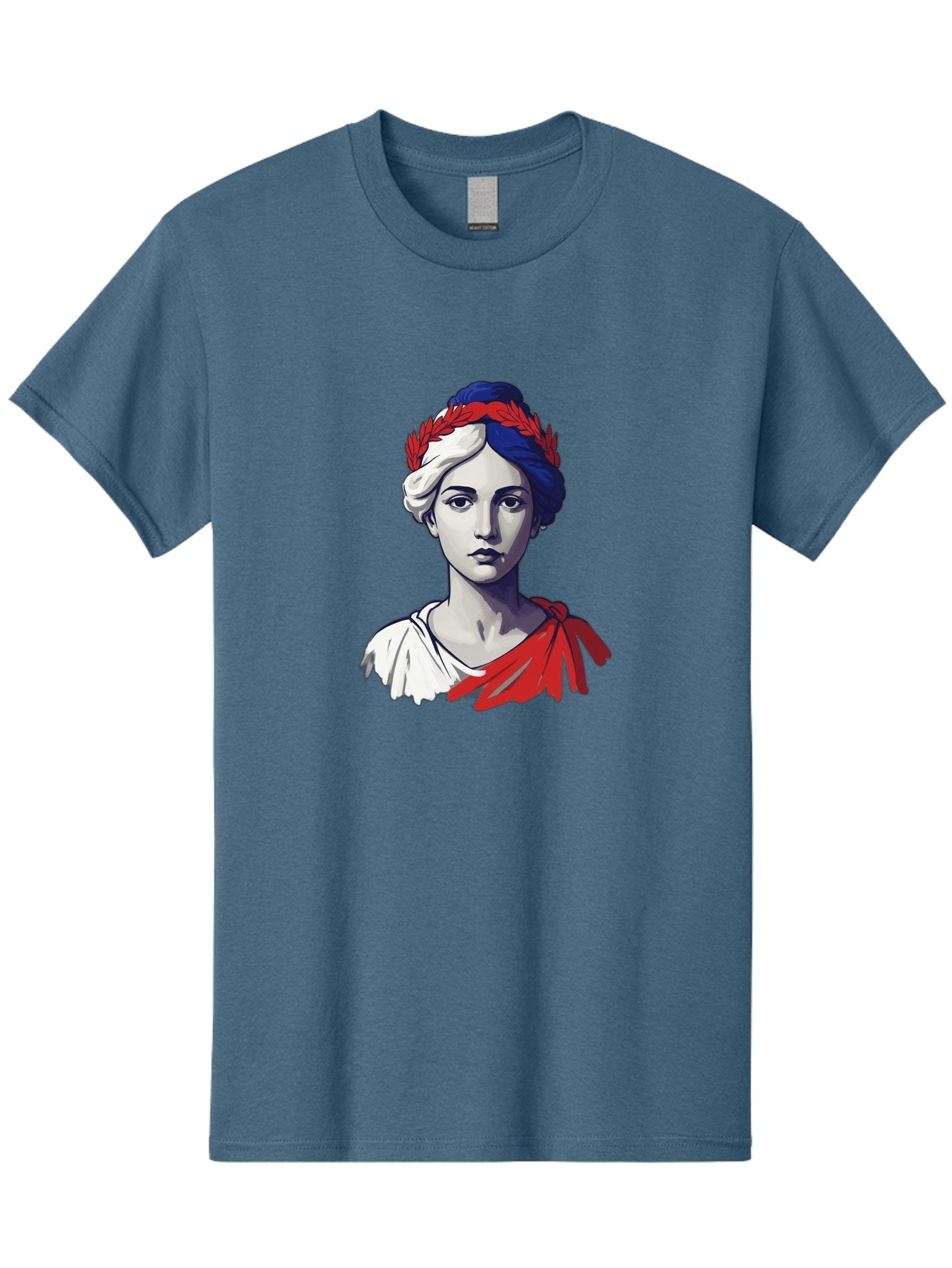 Marianne Men'S Graphic Tee, 100% Cotton, Comfortable Casual Summer Wear, Machine Washable, Woman Wearing Red Laurel Wreath, Red Ribbon, French Flag Colors, Symbolic Figure, National Personification, Liberty, French Culture, Classic Portrait, Bad299