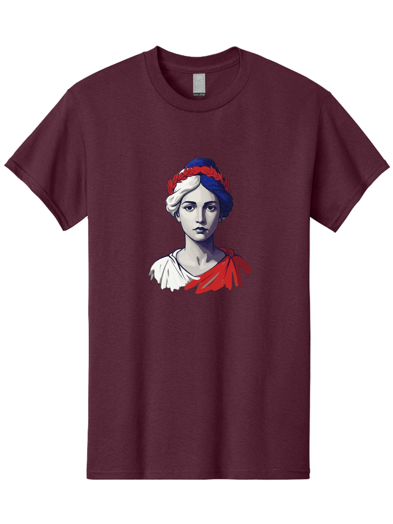 Marianne Men'S Graphic Tee, 100% Cotton, Comfortable Casual Summer Wear, Machine Washable, Woman Wearing Red Laurel Wreath, Red Ribbon, French Flag Colors, Symbolic Figure, National Personification, Liberty, French Culture, Classic Portrait, Bad299 6