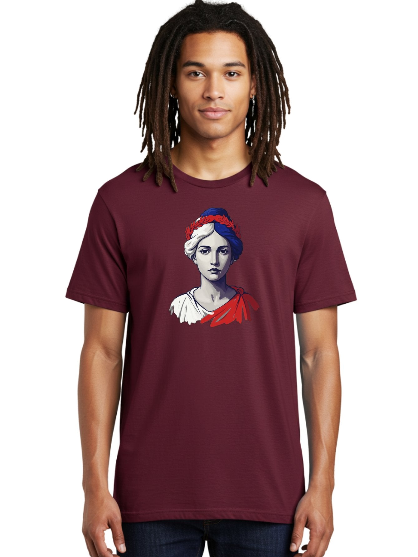 Marianne Men'S Graphic Tee, 100% Cotton, Comfortable Casual Summer Wear, Machine Washable, Woman Wearing Red Laurel Wreath, Red Ribbon, French Flag Colors, Symbolic Figure, National Personification, Liberty, French Culture, Classic Portrait, Bad299 24