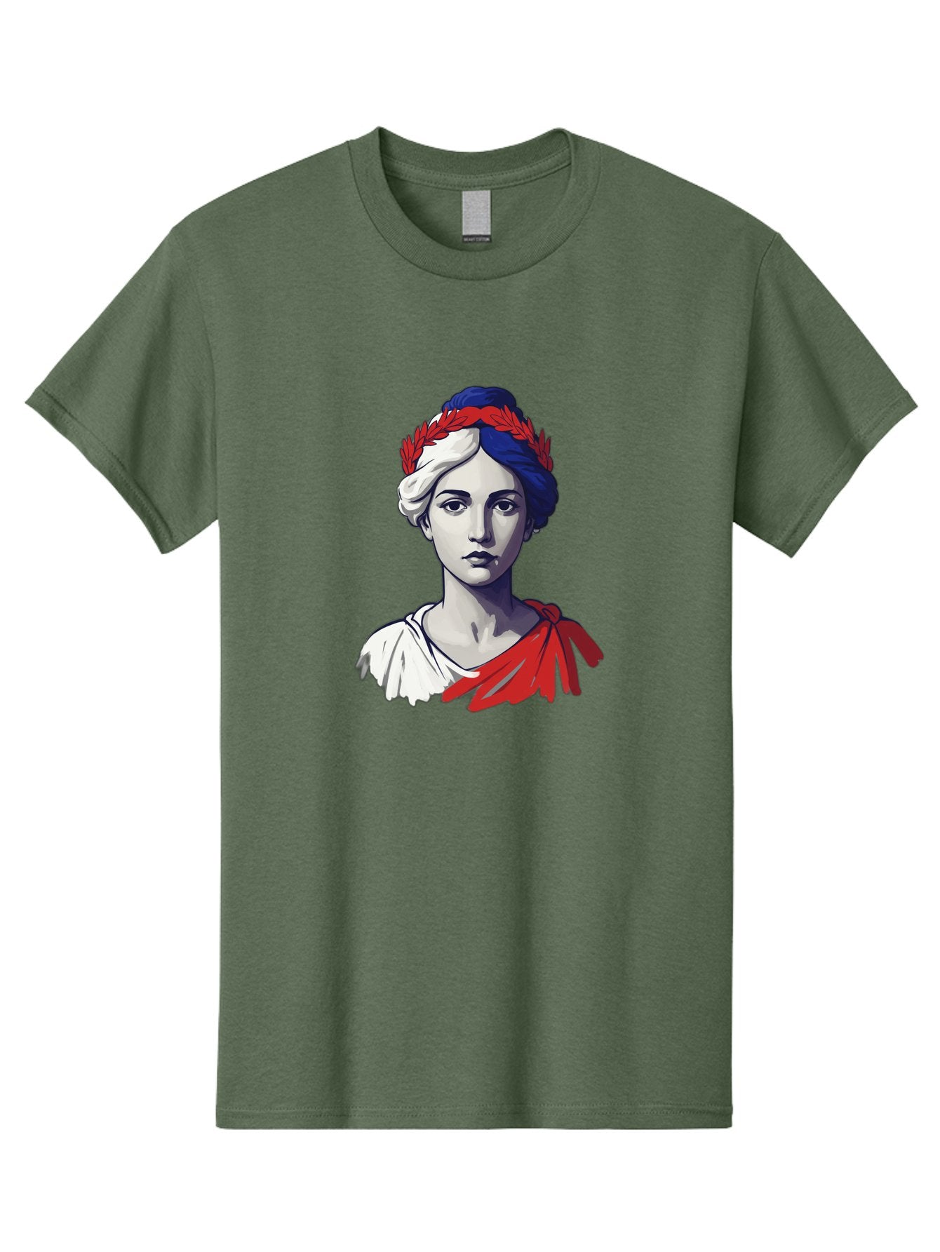 Marianne Men'S Graphic Tee, 100% Cotton, Comfortable Casual Summer Wear, Machine Washable, Woman Wearing Red Laurel Wreath, Red Ribbon, French Flag Colors, Symbolic Figure, National Personification, Liberty, French Culture, Classic Portrait, Bad299 15