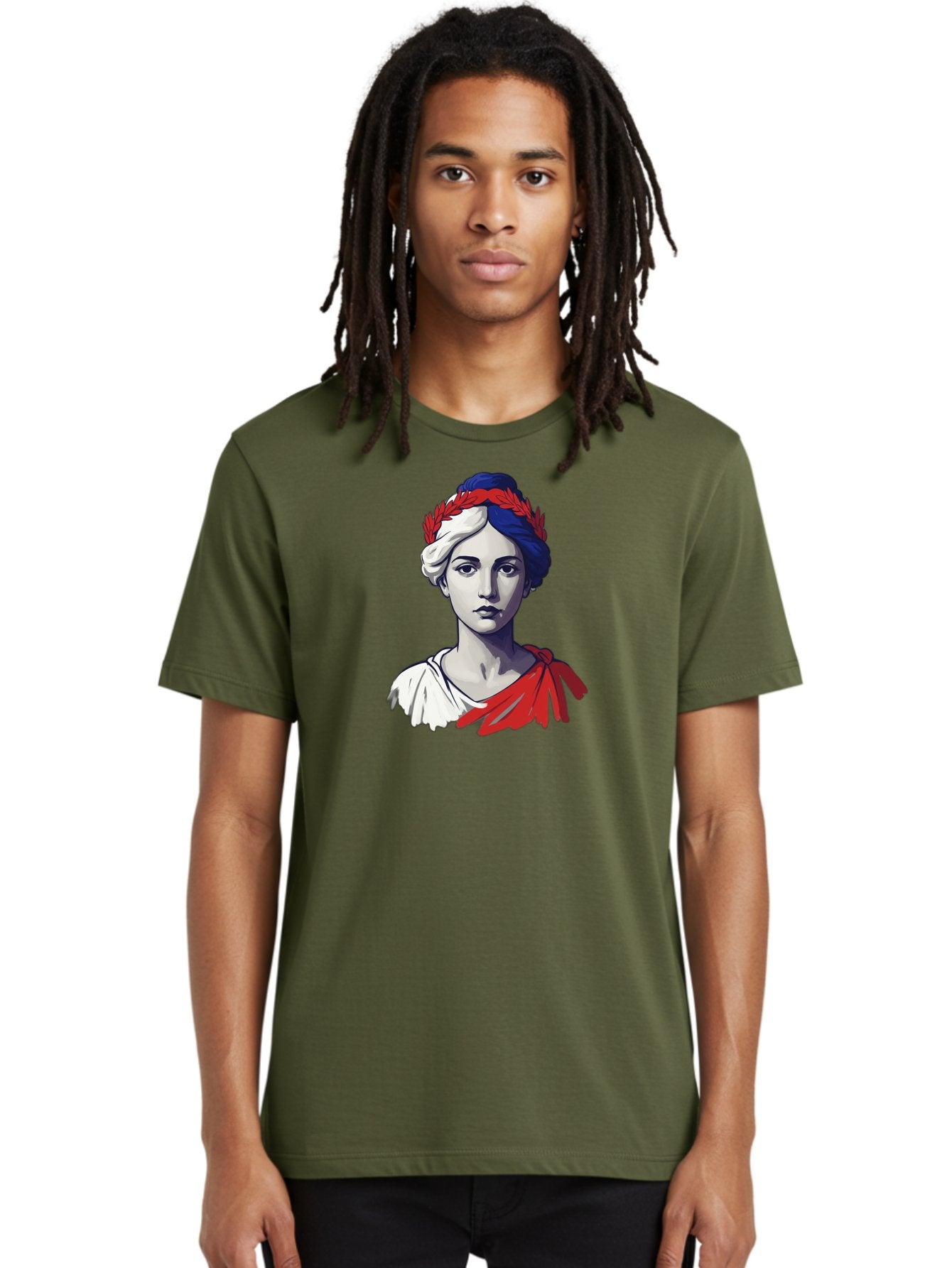Marianne Men'S Graphic Tee, 100% Cotton, Comfortable Casual Summer Wear, Machine Washable, Woman Wearing Red Laurel Wreath, Red Ribbon, French Flag Colors, Symbolic Figure, National Personification, Liberty, French Culture, Classic Portrait, Bad299 30