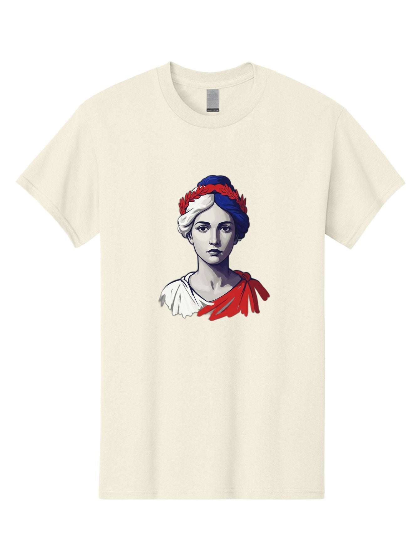 Marianne Men'S Graphic Tee, 100% Cotton, Comfortable Casual Summer Wear, Machine Washable, Woman Wearing Red Laurel Wreath, Red Ribbon, French Flag Colors, Symbolic Figure, National Personification, Liberty, French Culture, Classic Portrait, Bad299 5