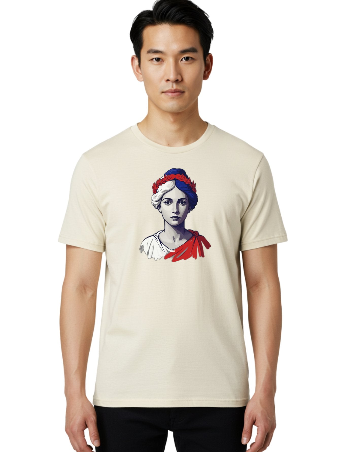 Marianne Men'S Graphic Tee, 100% Cotton, Comfortable Casual Summer Wear, Machine Washable, Woman Wearing Red Laurel Wreath, Red Ribbon, French Flag Colors, Symbolic Figure, National Personification, Liberty, French Culture, Classic Portrait, Bad299 23
