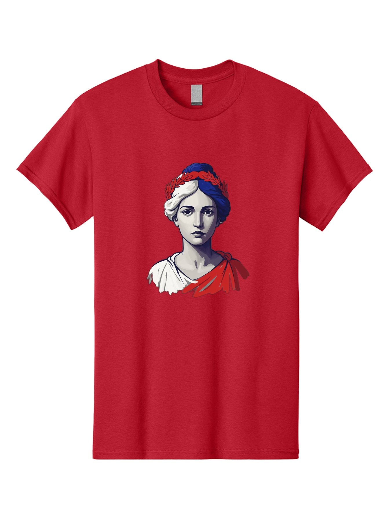 Marianne Men'S Graphic Tee, 100% Cotton, Comfortable Casual Summer Wear, Machine Washable, Woman Wearing Red Laurel Wreath, Red Ribbon, French Flag Colors, Symbolic Figure, National Personification, Liberty, French Culture, Classic Portrait, Bad299 14