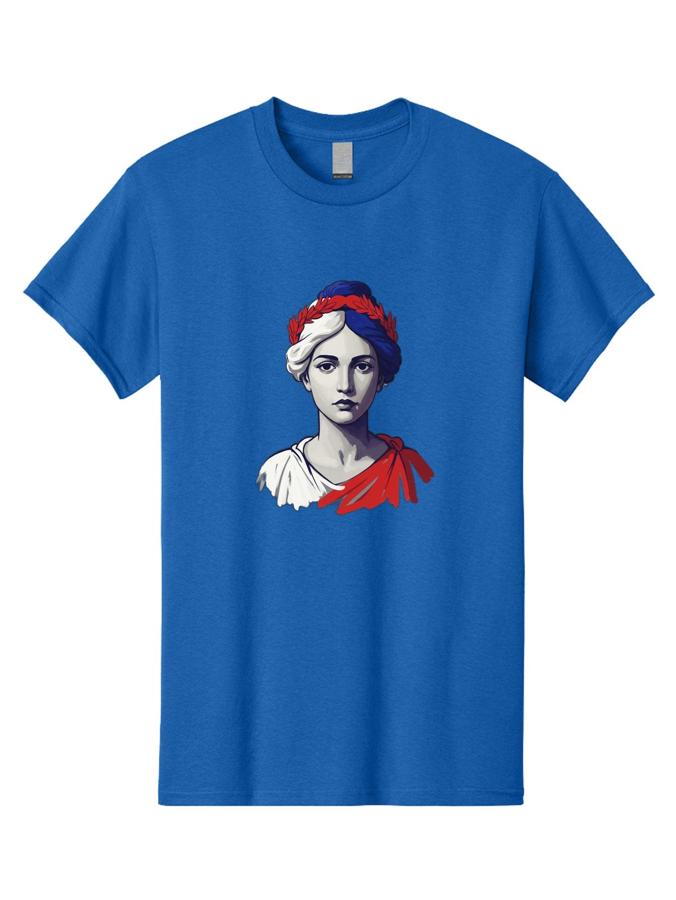 Marianne Men'S Graphic Tee, 100% Cotton, Comfortable Casual Summer Wear, Machine Washable, Woman Wearing Red Laurel Wreath, Red Ribbon, French Flag Colors, Symbolic Figure, National Personification, Liberty, French Culture, Classic Portrait, Bad299 10