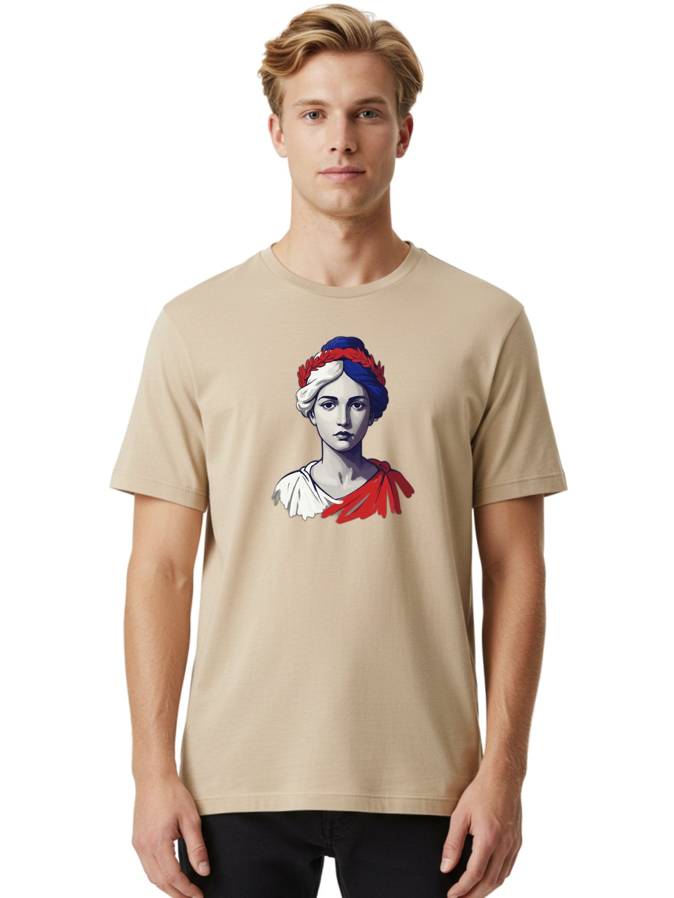 Marianne Men'S Graphic Tee, 100% Cotton, Comfortable Casual Summer Wear, Machine Washable, Woman Wearing Red Laurel Wreath, Red Ribbon, French Flag Colors, Symbolic Figure, National Personification, Liberty, French Culture, Classic Portrait, Bad299 16