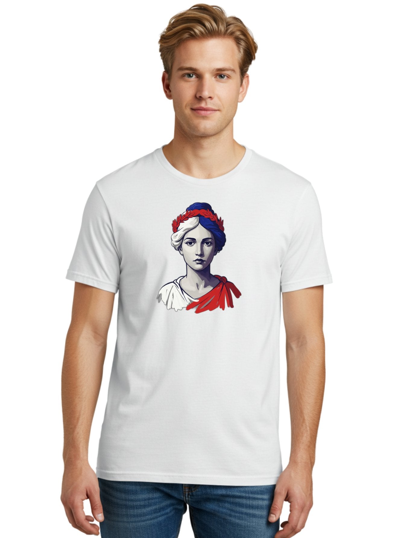 Marianne Men'S Graphic Tee, 100% Cotton, Comfortable Casual Summer Wear, Machine Washable, Woman Wearing Red Laurel Wreath, Red Ribbon, French Flag Colors, Symbolic Figure, National Personification, Liberty, French Culture, Classic Portrait, Bad299 25