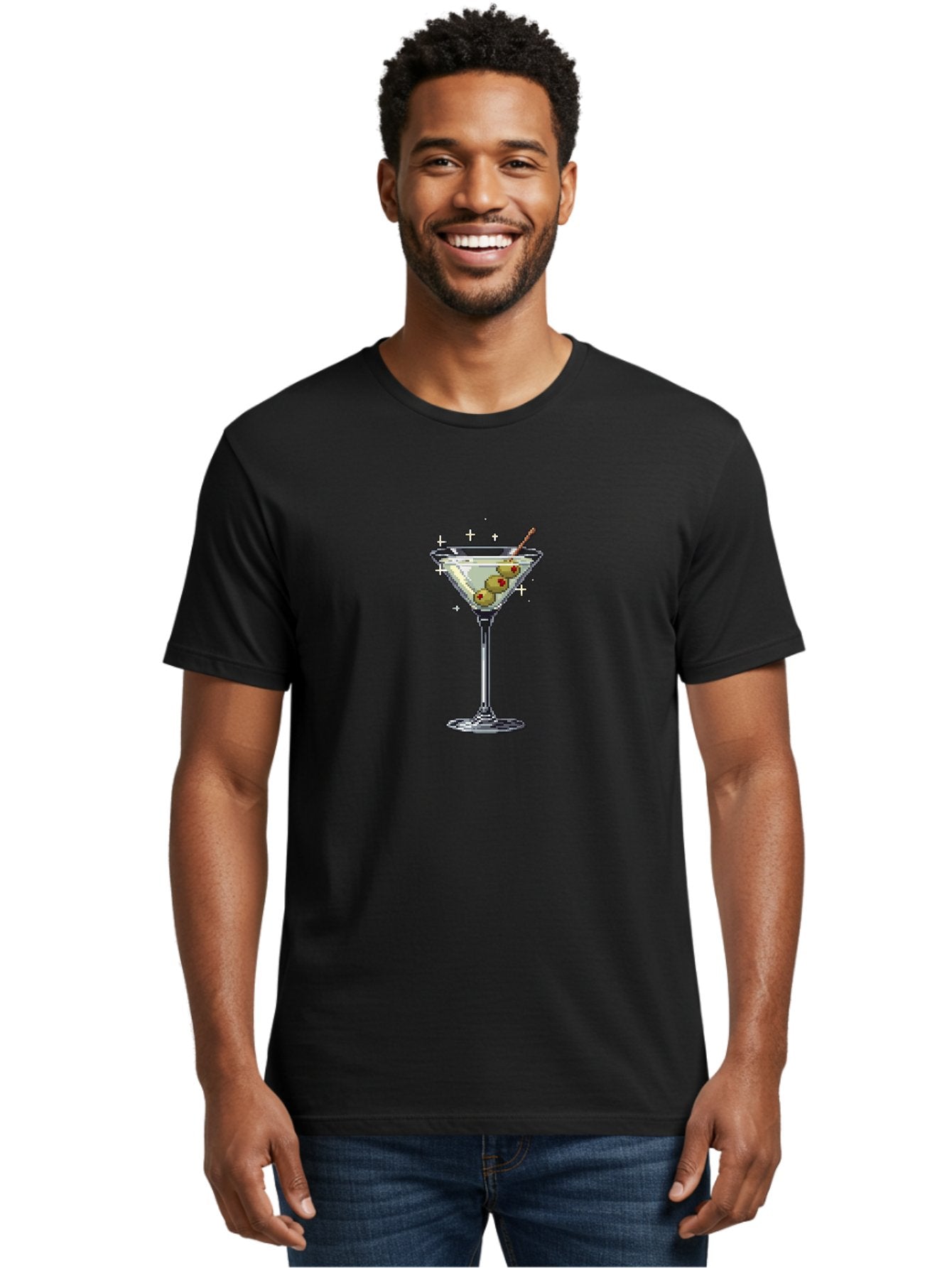 Martini-Glass-1 Men'S Graphic Tee, 100% Cotton, Comfortable Casual Summer Wear, Machine Washable, Martini Glass, Cocktail, 8-Bit Art, Retro Video Game, Olives, Red Pimentos, Pixelated Design, Barware, Cocktail Party, Fun Night Bad301 25