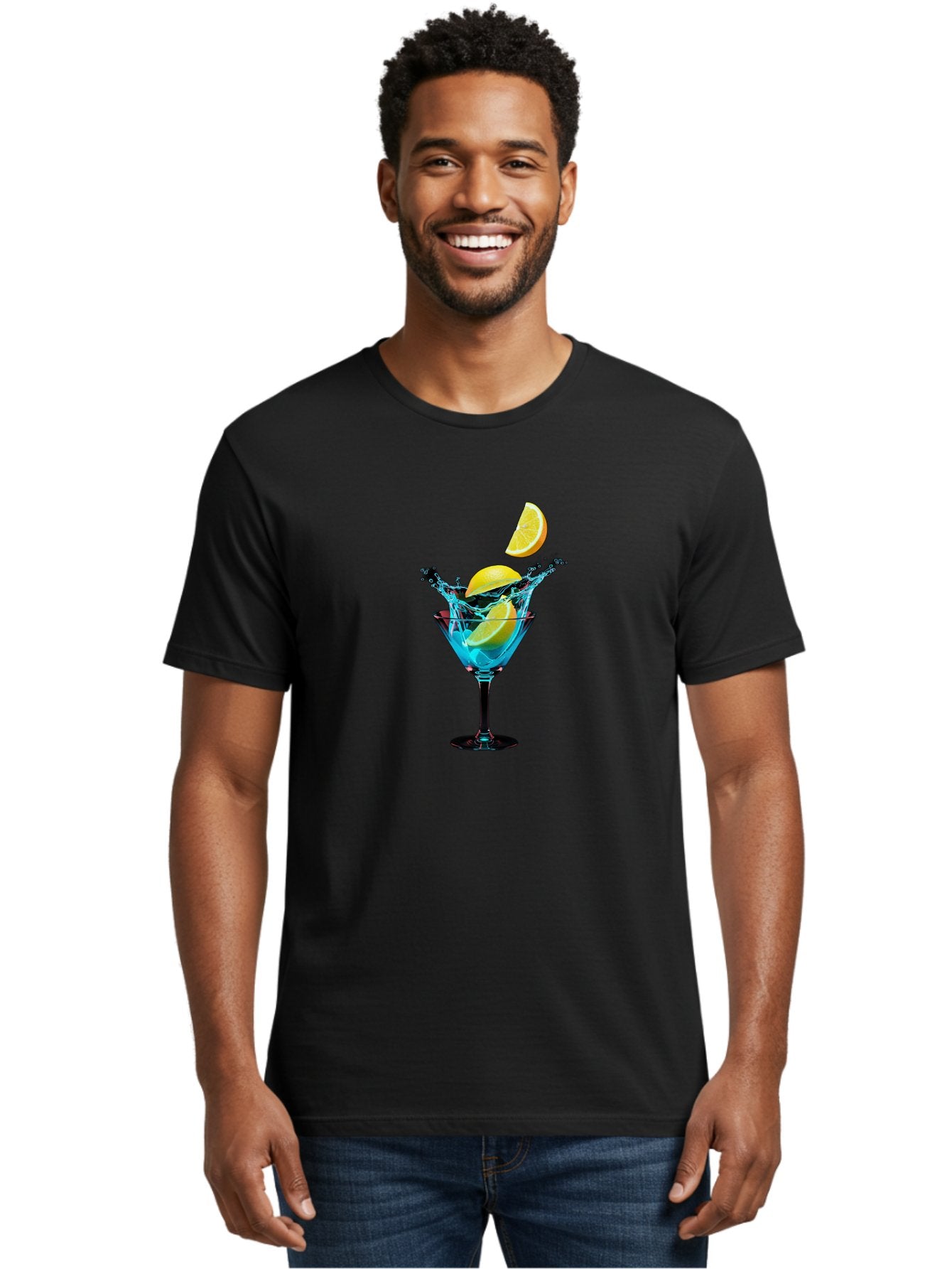 Martini-Glass-With-Lemon-Splash Men'S Graphic Tee, 100% Cotton, Comfortable Casual Summer Wear, Machine Washable, Martini Glass, Citrus Slice, Splash Effect, Refreshing Drink, Citrusy Flavor, Cocktail Hour, Citrus Twist, Blue Liquid Bad304 23
