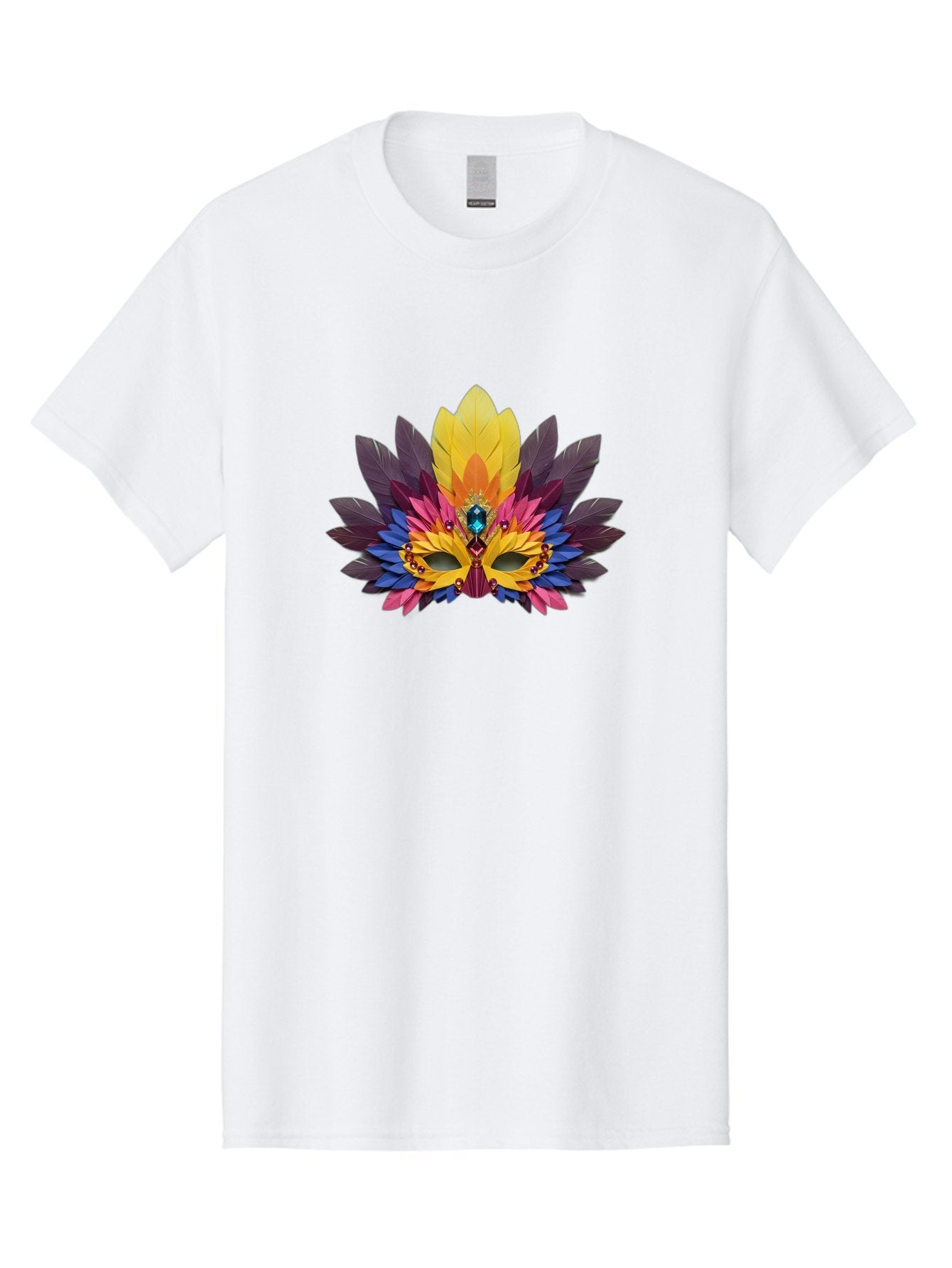 Masquerade-Mask-1 Men'S Graphic Tee, 100% Cotton, Comfortable Casual Summer Wear, Machine Washable, Feathered Mask, Vibrant Colors, Colorful Feathers, Gemstone Decoration, Elegant Design, Mardi Gras, Carnival Mask, Festive Accessory, Bad307 11