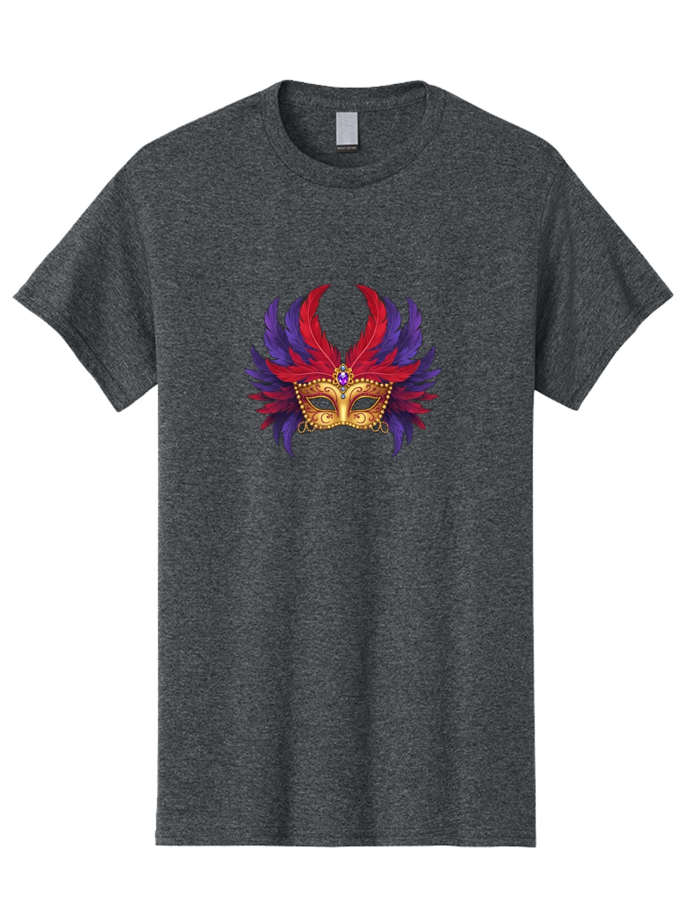 Masquerade-Mask Men'S Graphic Tee, 100% Cotton, Comfortable Casual Summer Wear, Machine Washable, Masquerade Ball Mask, Venetian Mask, Feathered Mask, Gold Mask, Purple Gemstone, Red And Purple Feathers, Mardi Gras Mask, Carnival Mask, Bad308 5