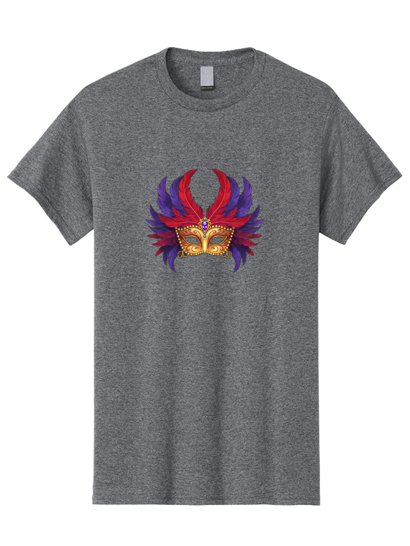 Masquerade-Mask Men'S Graphic Tee, 100% Cotton, Comfortable Casual Summer Wear, Machine Washable, Masquerade Ball Mask, Venetian Mask, Feathered Mask, Gold Mask, Purple Gemstone, Red And Purple Feathers, Mardi Gras Mask, Carnival Mask, Bad308 3