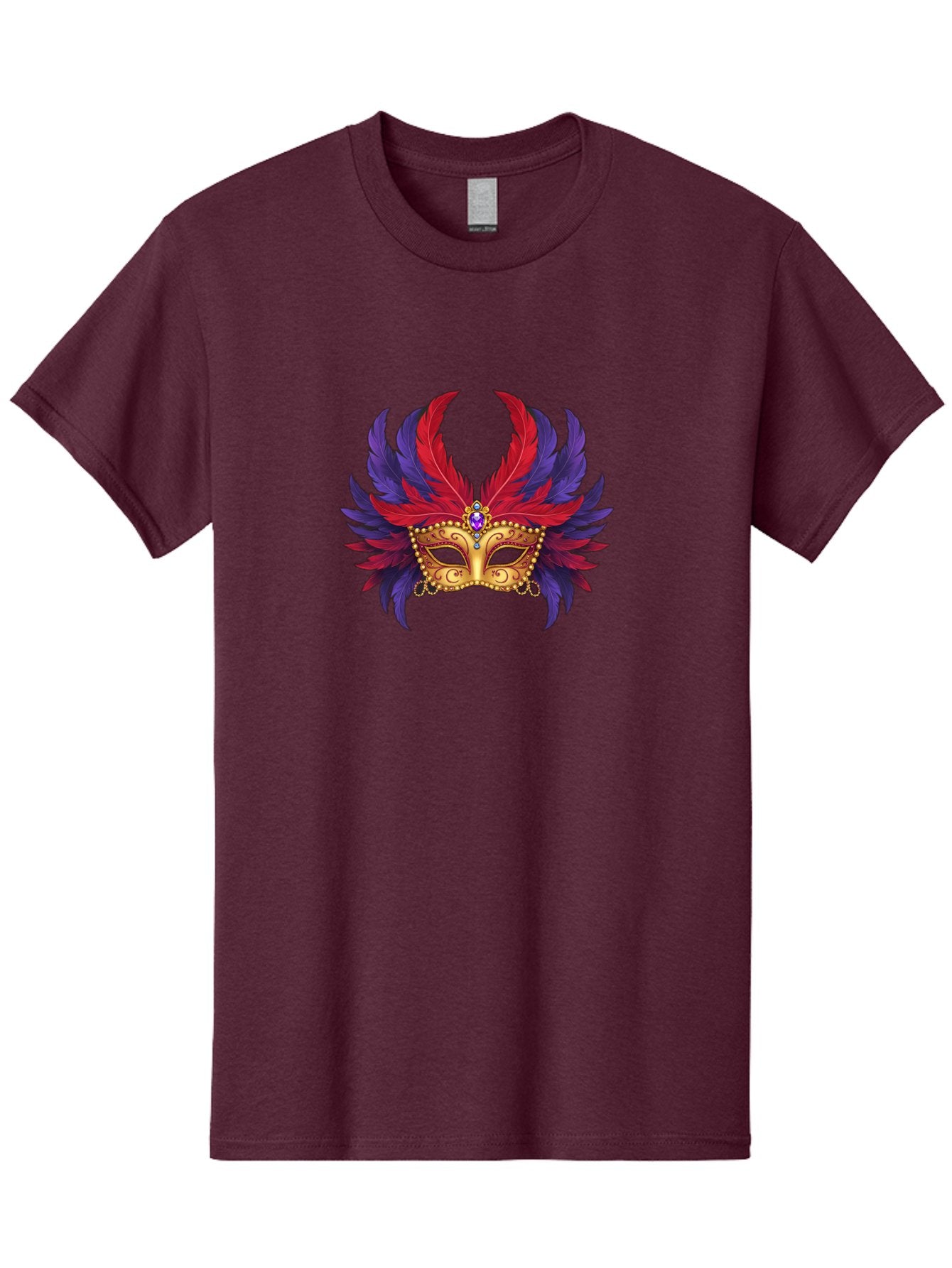 Masquerade-Mask Men'S Graphic Tee, 100% Cotton, Comfortable Casual Summer Wear, Machine Washable, Masquerade Ball Mask, Venetian Mask, Feathered Mask, Gold Mask, Purple Gemstone, Red And Purple Feathers, Mardi Gras Mask, Carnival Mask, Bad308 8