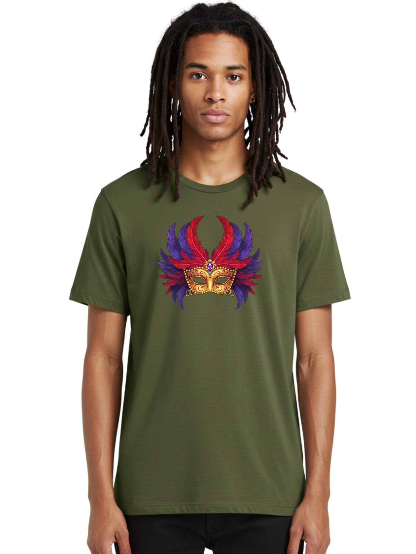 Masquerade-Mask Men'S Graphic Tee, 100% Cotton, Comfortable Casual Summer Wear, Machine Washable, Masquerade Ball Mask, Venetian Mask, Feathered Mask, Gold Mask, Purple Gemstone, Red And Purple Feathers, Mardi Gras Mask, Carnival Mask, Bad308 29