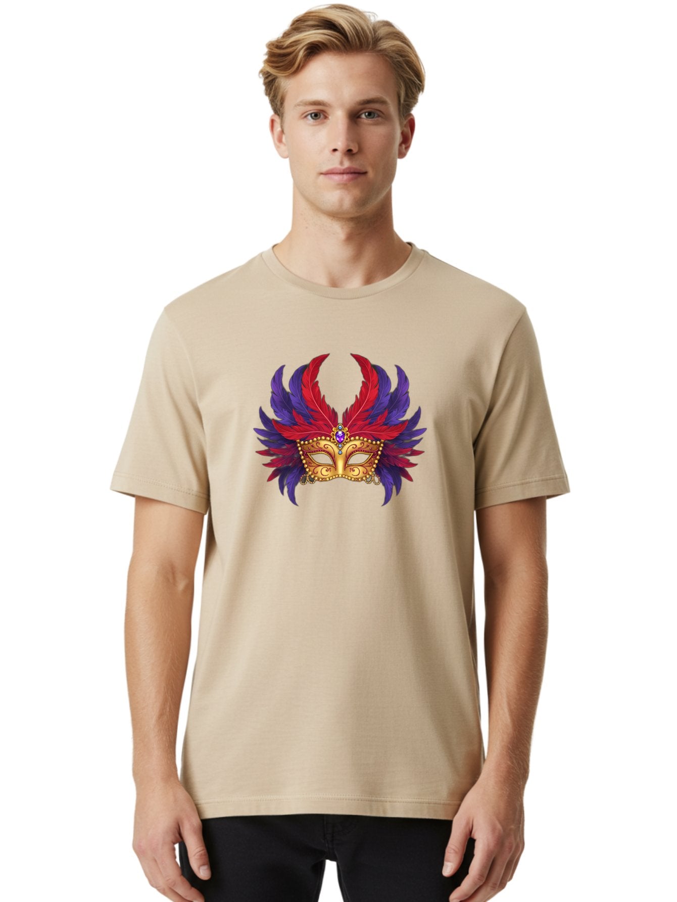 Masquerade-Mask Men'S Graphic Tee, 100% Cotton, Comfortable Casual Summer Wear, Machine Washable, Masquerade Ball Mask, Venetian Mask, Feathered Mask, Gold Mask, Purple Gemstone, Red And Purple Feathers, Mardi Gras Mask, Carnival Mask, Bad308 30