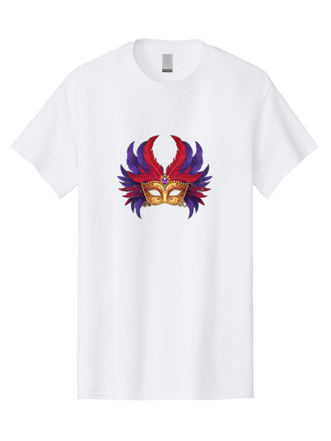 Masquerade-Mask Men'S Graphic Tee, 100% Cotton, Comfortable Casual Summer Wear, Machine Washable, Masquerade Ball Mask, Venetian Mask, Feathered Mask, Gold Mask, Purple Gemstone, Red And Purple Feathers, Mardi Gras Mask, Carnival Mask, Bad308 4