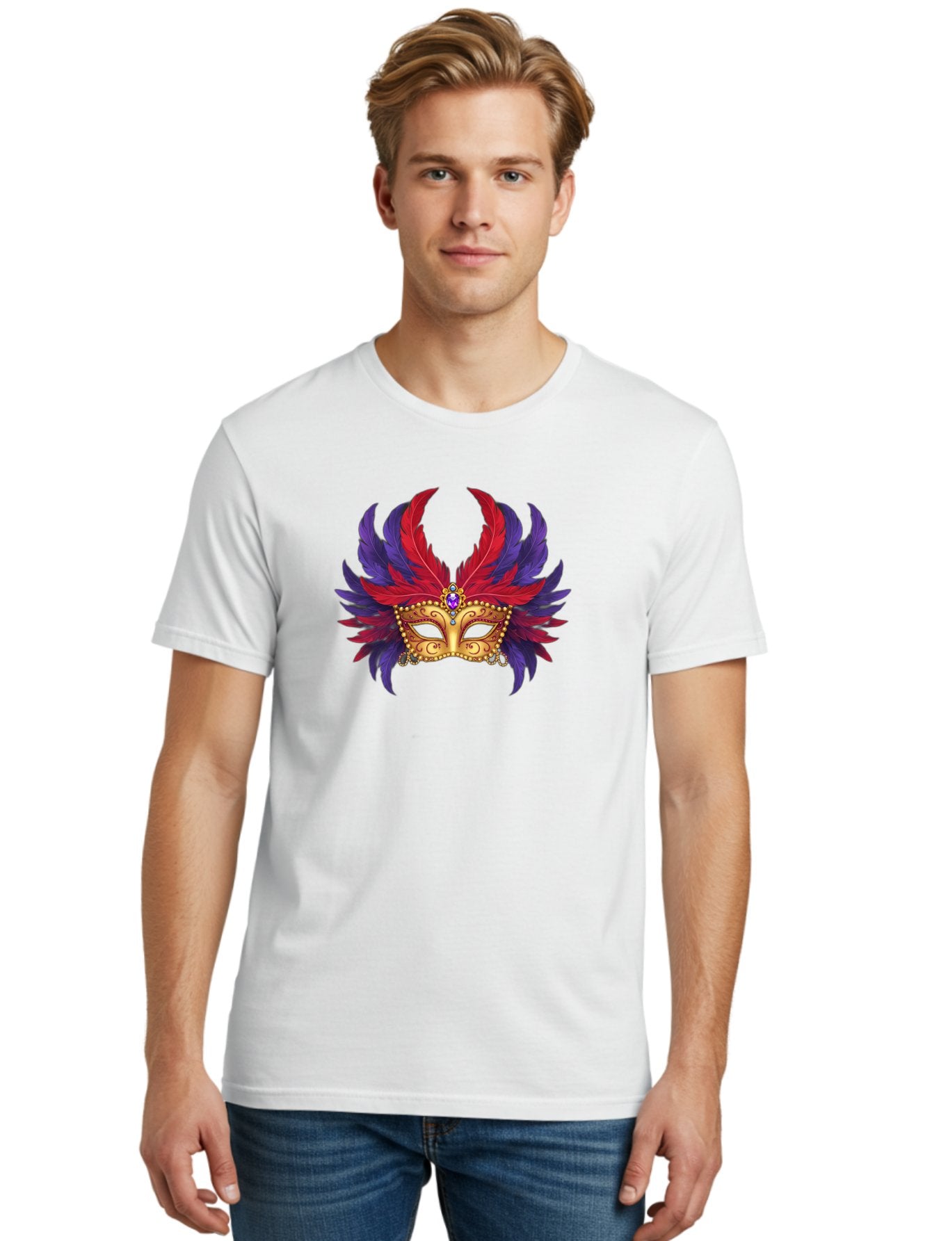 Masquerade-Mask Men'S Graphic Tee, 100% Cotton, Comfortable Casual Summer Wear, Machine Washable, Masquerade Ball Mask, Venetian Mask, Feathered Mask, Gold Mask, Purple Gemstone, Red And Purple Feathers, Mardi Gras Mask, Carnival Mask, Bad308 18