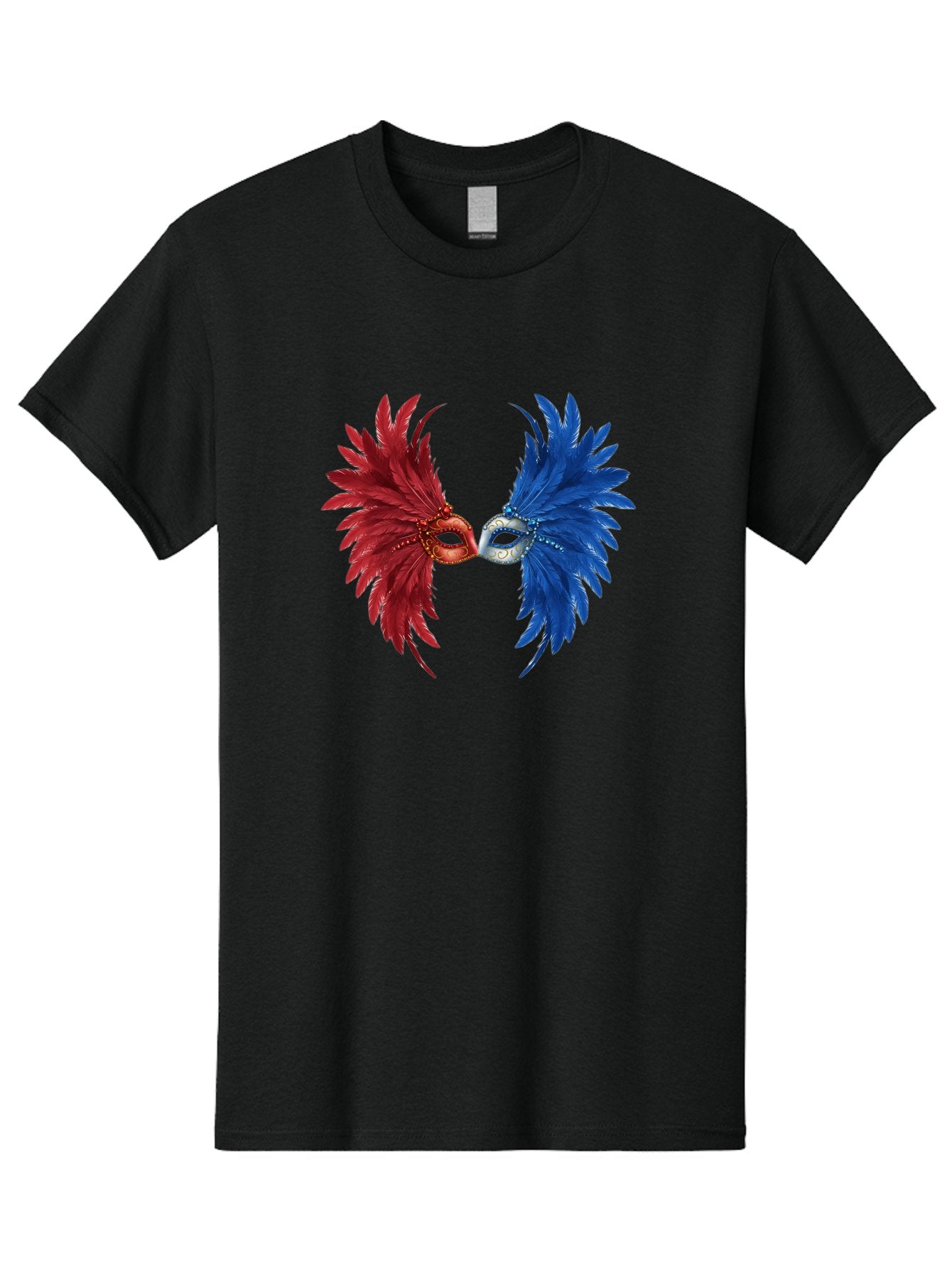 Masquerade-Masks Men'S Graphic Tee, 100% Cotton, Comfortable Casual Summer Wear, Machine Washable, Masquerade Masks, Red And Blue Feathers, Decorative Mask, Kiss, Carnival Celebration, Festive Atmosphere, Party Accessories, Costume Jewelry, Bad309