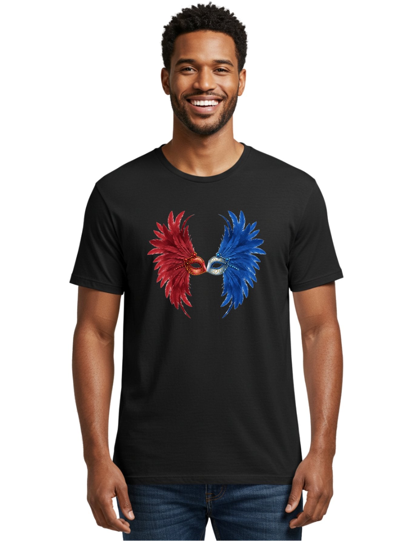 Masquerade-Masks Men'S Graphic Tee, 100% Cotton, Comfortable Casual Summer Wear, Machine Washable, Masquerade Masks, Red And Blue Feathers, Decorative Mask, Kiss, Carnival Celebration, Festive Atmosphere, Party Accessories, Costume Jewelry, Bad309 19