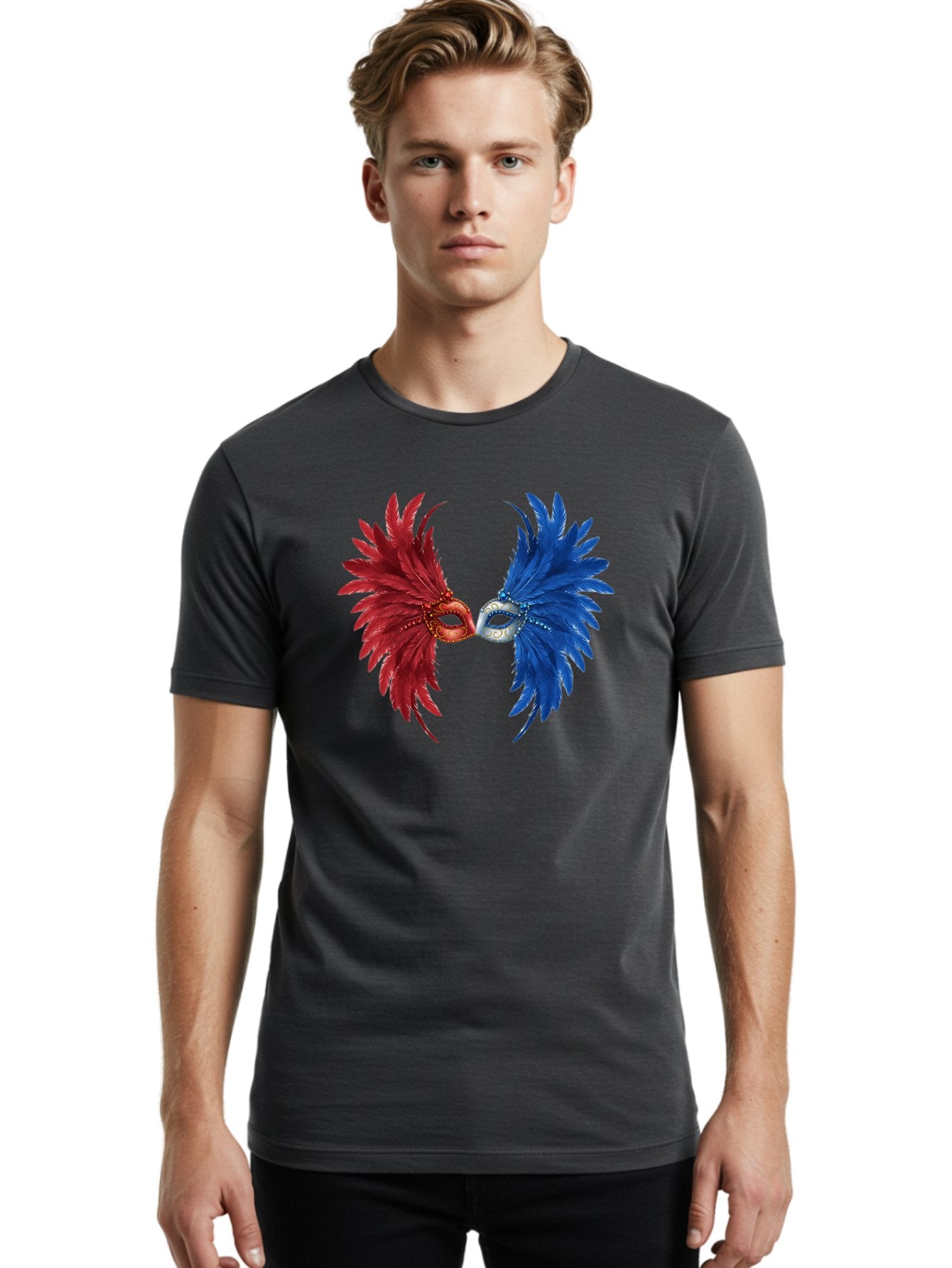 Masquerade-Masks Men'S Graphic Tee, 100% Cotton, Comfortable Casual Summer Wear, Machine Washable, Masquerade Masks, Red And Blue Feathers, Decorative Mask, Kiss, Carnival Celebration, Festive Atmosphere, Party Accessories, Costume Jewelry, Bad309 17
