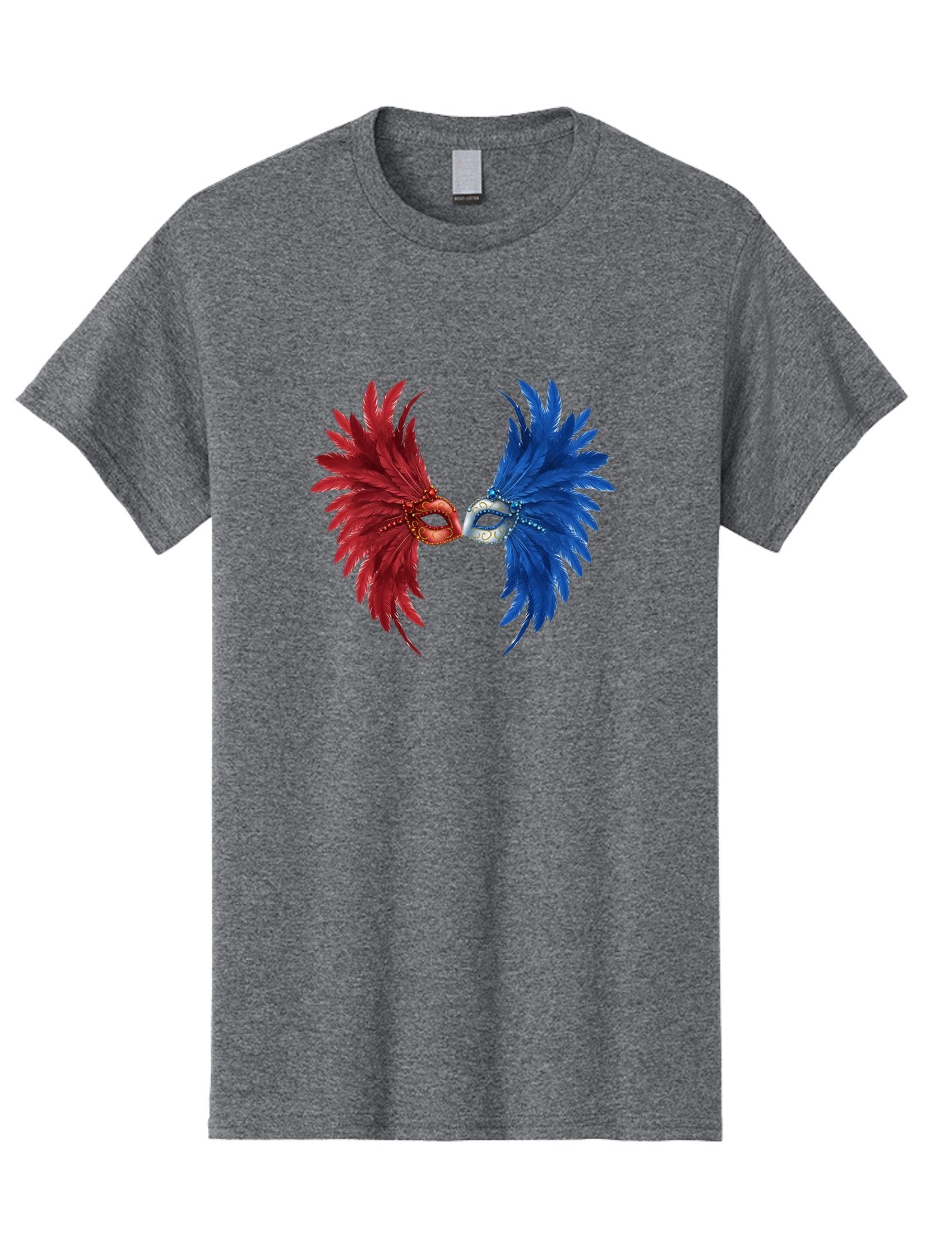 Masquerade-Masks Men'S Graphic Tee, 100% Cotton, Comfortable Casual Summer Wear, Machine Washable, Masquerade Masks, Red And Blue Feathers, Decorative Mask, Kiss, Carnival Celebration, Festive Atmosphere, Party Accessories, Costume Jewelry, Bad309 4