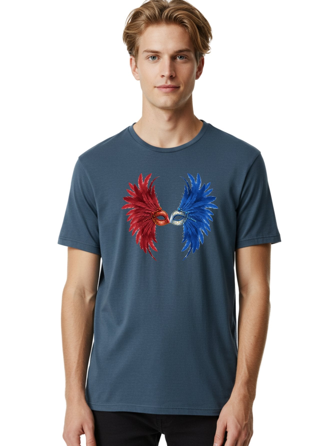 Masquerade-Masks Men'S Graphic Tee, 100% Cotton, Comfortable Casual Summer Wear, Machine Washable, Masquerade Masks, Red And Blue Feathers, Decorative Mask, Kiss, Carnival Celebration, Festive Atmosphere, Party Accessories, Costume Jewelry, Bad309 16