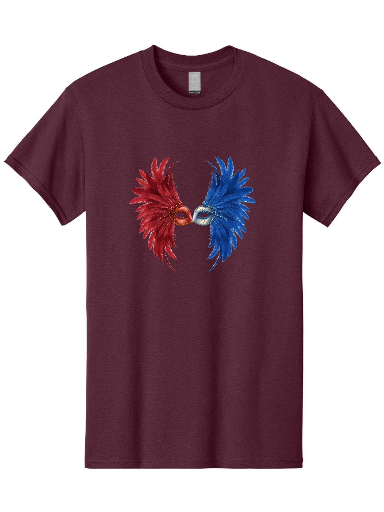 Masquerade-Masks Men'S Graphic Tee, 100% Cotton, Comfortable Casual Summer Wear, Machine Washable, Masquerade Masks, Red And Blue Feathers, Decorative Mask, Kiss, Carnival Celebration, Festive Atmosphere, Party Accessories, Costume Jewelry, Bad309 14