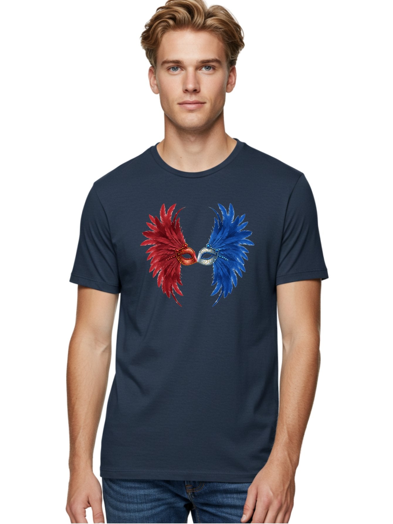 Masquerade-Masks Men'S Graphic Tee, 100% Cotton, Comfortable Casual Summer Wear, Machine Washable, Masquerade Masks, Red And Blue Feathers, Decorative Mask, Kiss, Carnival Celebration, Festive Atmosphere, Party Accessories, Costume Jewelry, Bad309 28