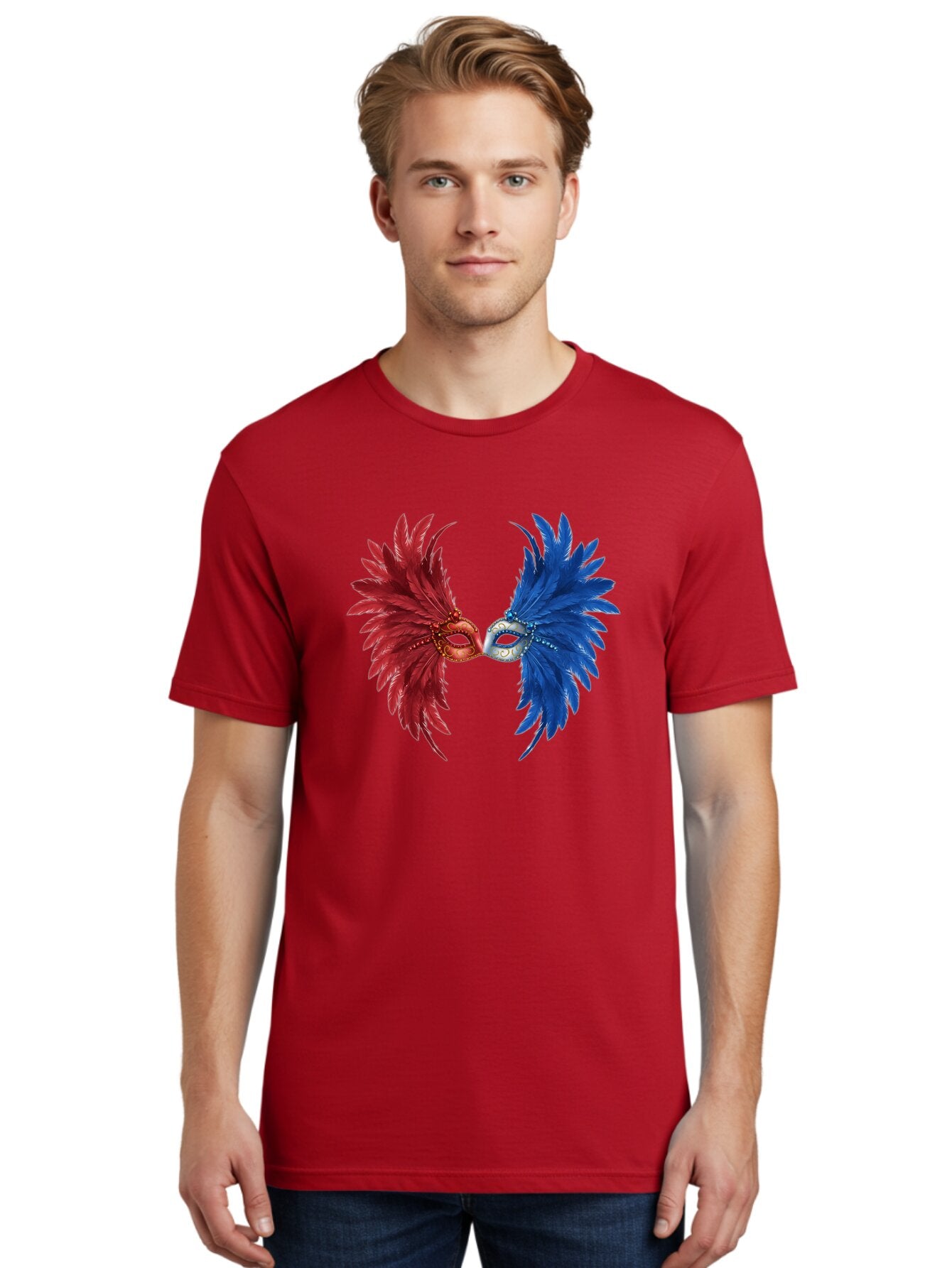 Masquerade-Masks Men'S Graphic Tee, 100% Cotton, Comfortable Casual Summer Wear, Machine Washable, Masquerade Masks, Red And Blue Feathers, Decorative Mask, Kiss, Carnival Celebration, Festive Atmosphere, Party Accessories, Costume Jewelry, Bad309 20