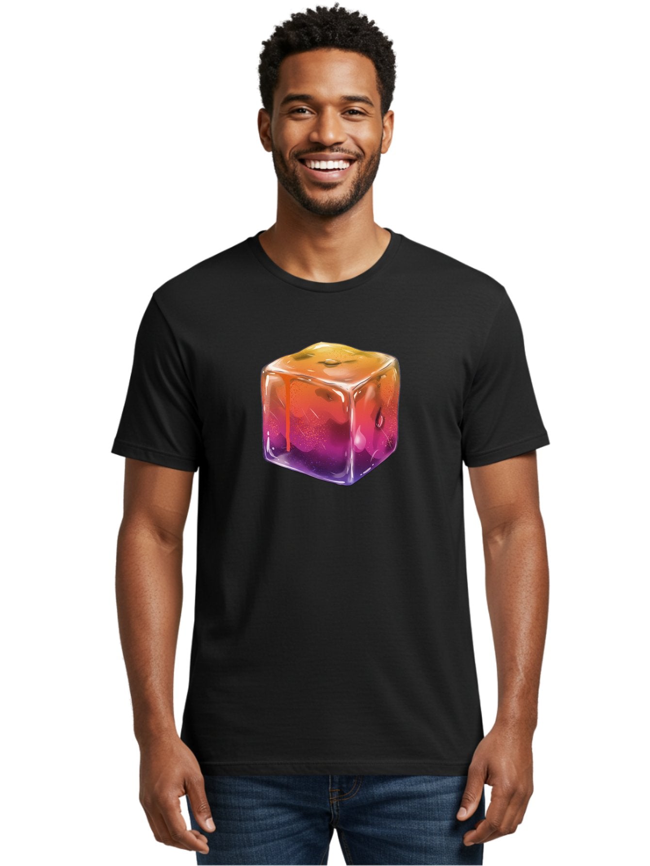 Melting-Ice-Cube Men'S Graphic Tee, 100% Cotton, Comfortable Casual Summer Wear, Machine Washable, Melting Ice Cube, Orange To Purple Gradient, Water Droplets, Melting Effect, Cool Design, Vibrant Colors, Refreshing Feel, Digital Art, Bad311 25