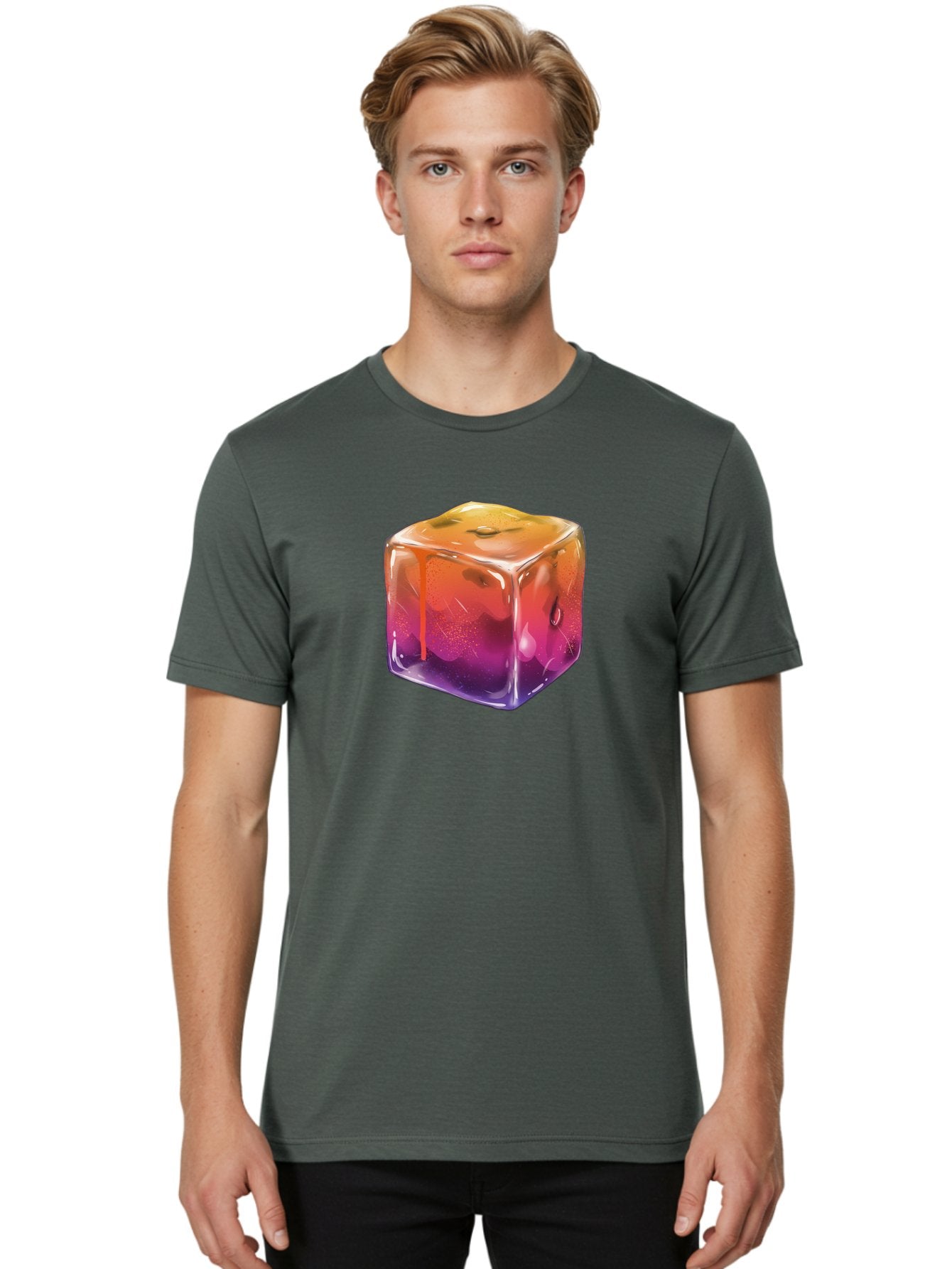 Melting-Ice-Cube Men'S Graphic Tee, 100% Cotton, Comfortable Casual Summer Wear, Machine Washable, Melting Ice Cube, Orange To Purple Gradient, Water Droplets, Melting Effect, Cool Design, Vibrant Colors, Refreshing Feel, Digital Art, Bad311 29