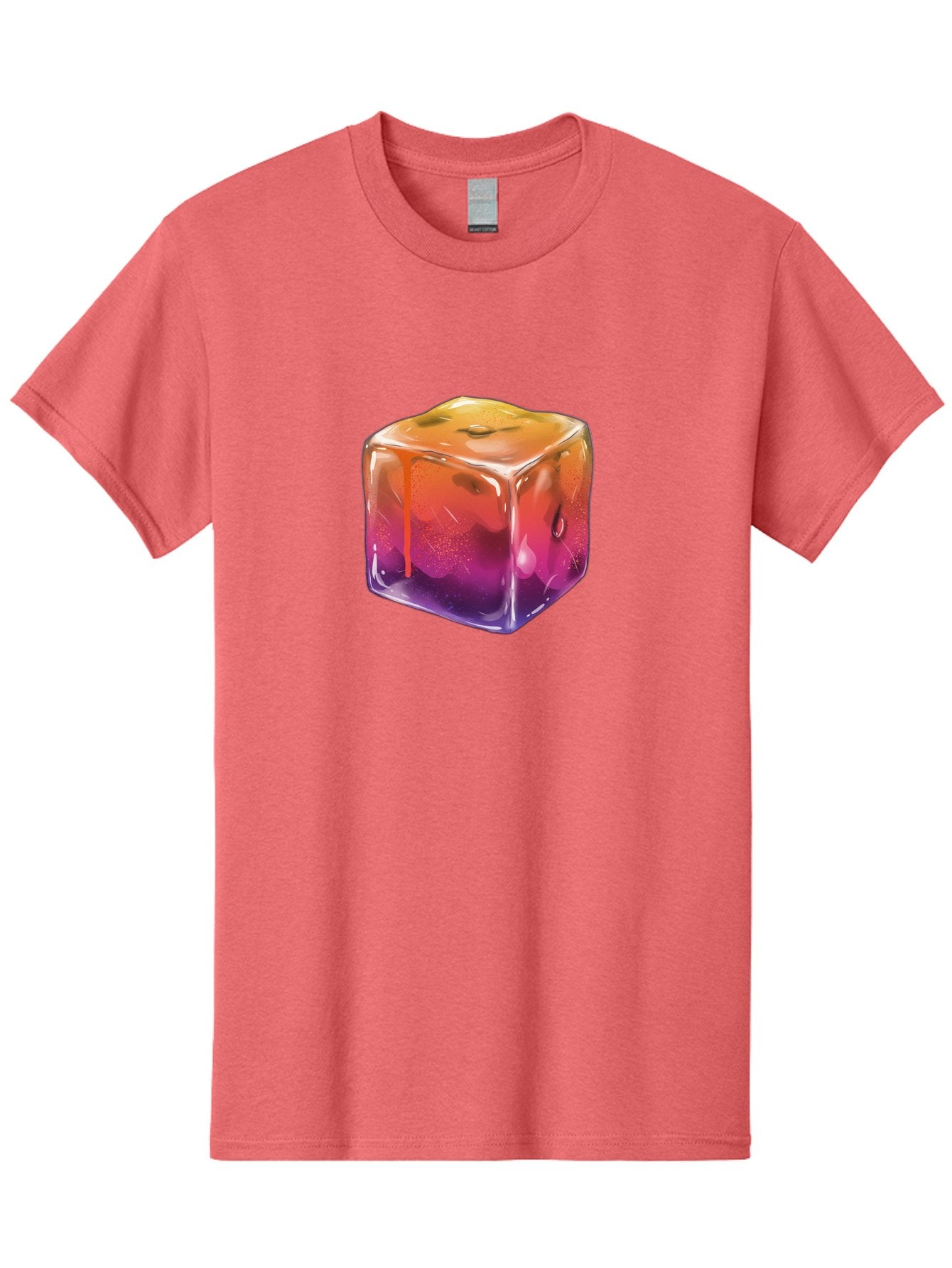 Melting-Ice-Cube Men'S Graphic Tee, 100% Cotton, Comfortable Casual Summer Wear, Machine Washable, Melting Ice Cube, Orange To Purple Gradient, Water Droplets, Melting Effect, Cool Design, Vibrant Colors, Refreshing Feel, Digital Art, Bad311