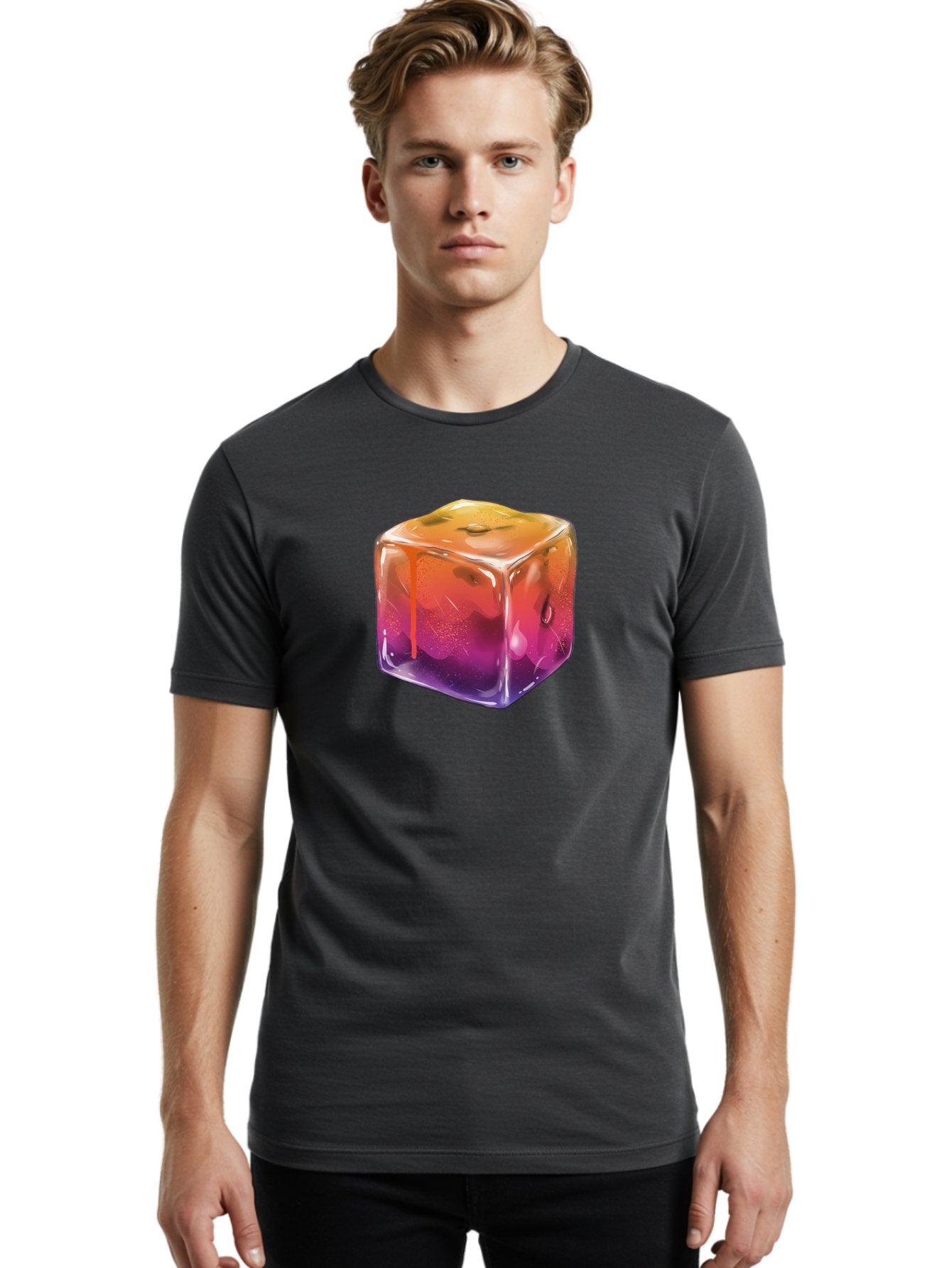 Melting-Ice-Cube Men'S Graphic Tee, 100% Cotton, Comfortable Casual Summer Wear, Machine Washable, Melting Ice Cube, Orange To Purple Gradient, Water Droplets, Melting Effect, Cool Design, Vibrant Colors, Refreshing Feel, Digital Art, Bad311 24