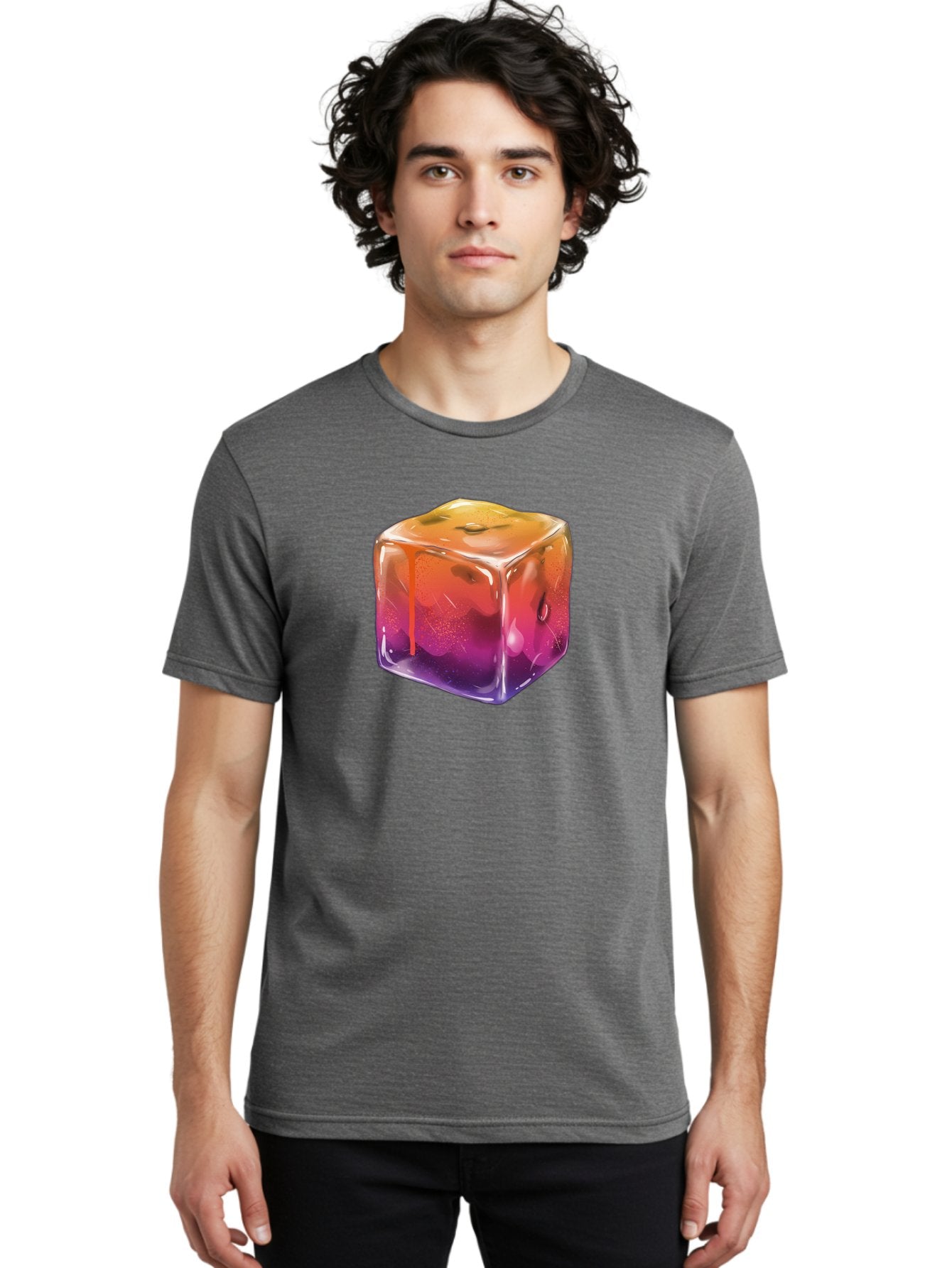 Melting-Ice-Cube Men'S Graphic Tee, 100% Cotton, Comfortable Casual Summer Wear, Machine Washable, Melting Ice Cube, Orange To Purple Gradient, Water Droplets, Melting Effect, Cool Design, Vibrant Colors, Refreshing Feel, Digital Art, Bad311 27