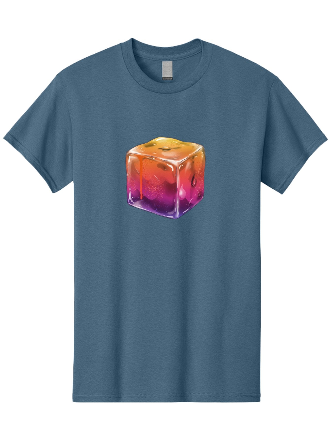 Melting-Ice-Cube Men'S Graphic Tee, 100% Cotton, Comfortable Casual Summer Wear, Machine Washable, Melting Ice Cube, Orange To Purple Gradient, Water Droplets, Melting Effect, Cool Design, Vibrant Colors, Refreshing Feel, Digital Art, Bad311 10