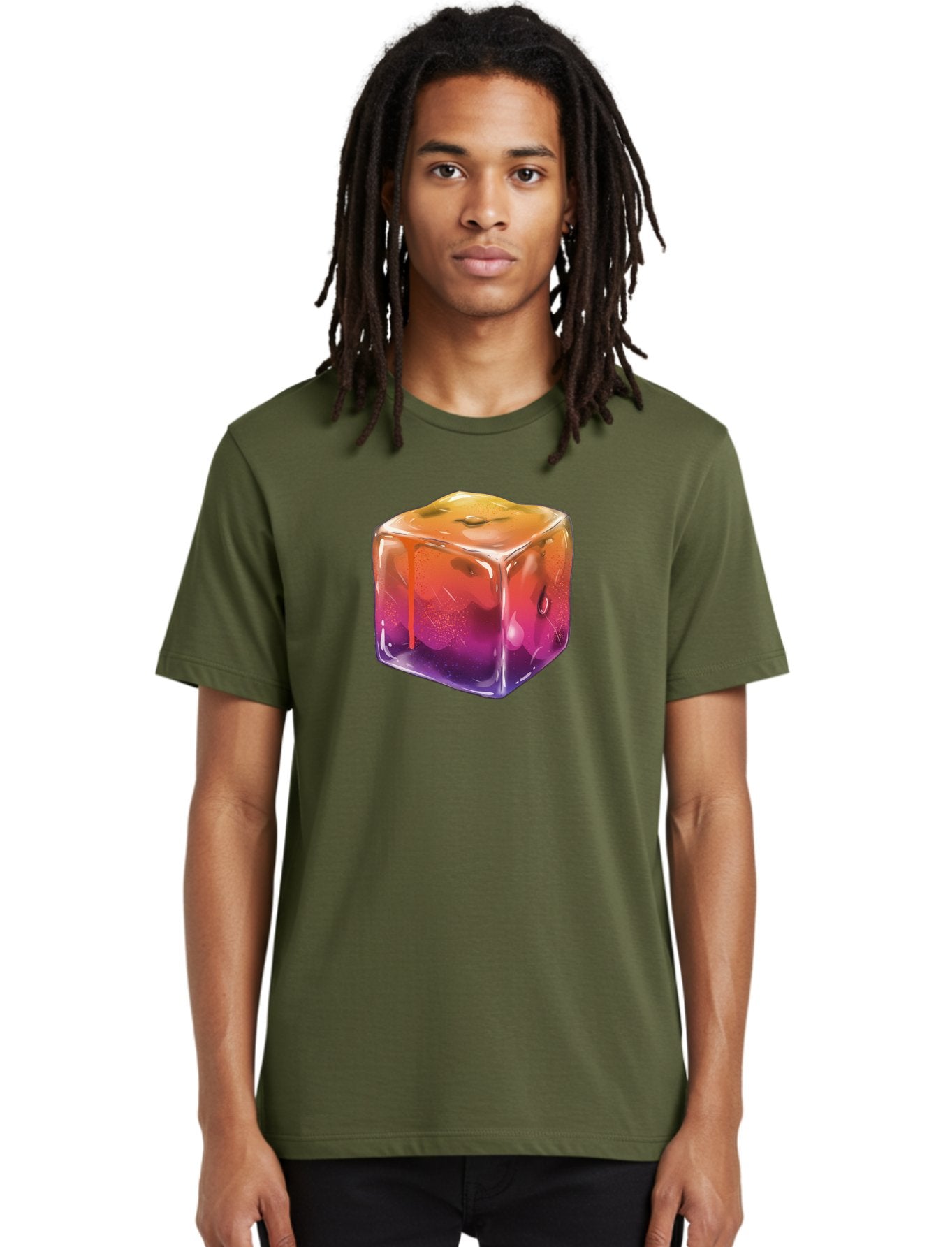 Melting-Ice-Cube Men'S Graphic Tee, 100% Cotton, Comfortable Casual Summer Wear, Machine Washable, Melting Ice Cube, Orange To Purple Gradient, Water Droplets, Melting Effect, Cool Design, Vibrant Colors, Refreshing Feel, Digital Art, Bad311 20