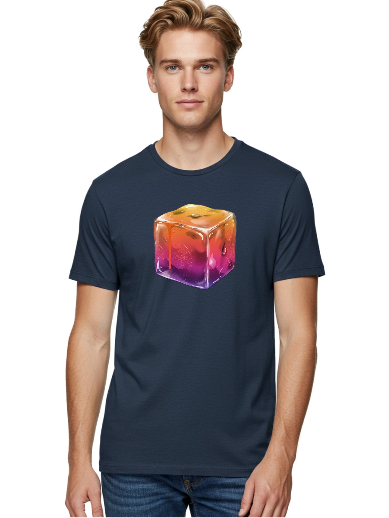 Melting-Ice-Cube Men'S Graphic Tee, 100% Cotton, Comfortable Casual Summer Wear, Machine Washable, Melting Ice Cube, Orange To Purple Gradient, Water Droplets, Melting Effect, Cool Design, Vibrant Colors, Refreshing Feel, Digital Art, Bad311 26