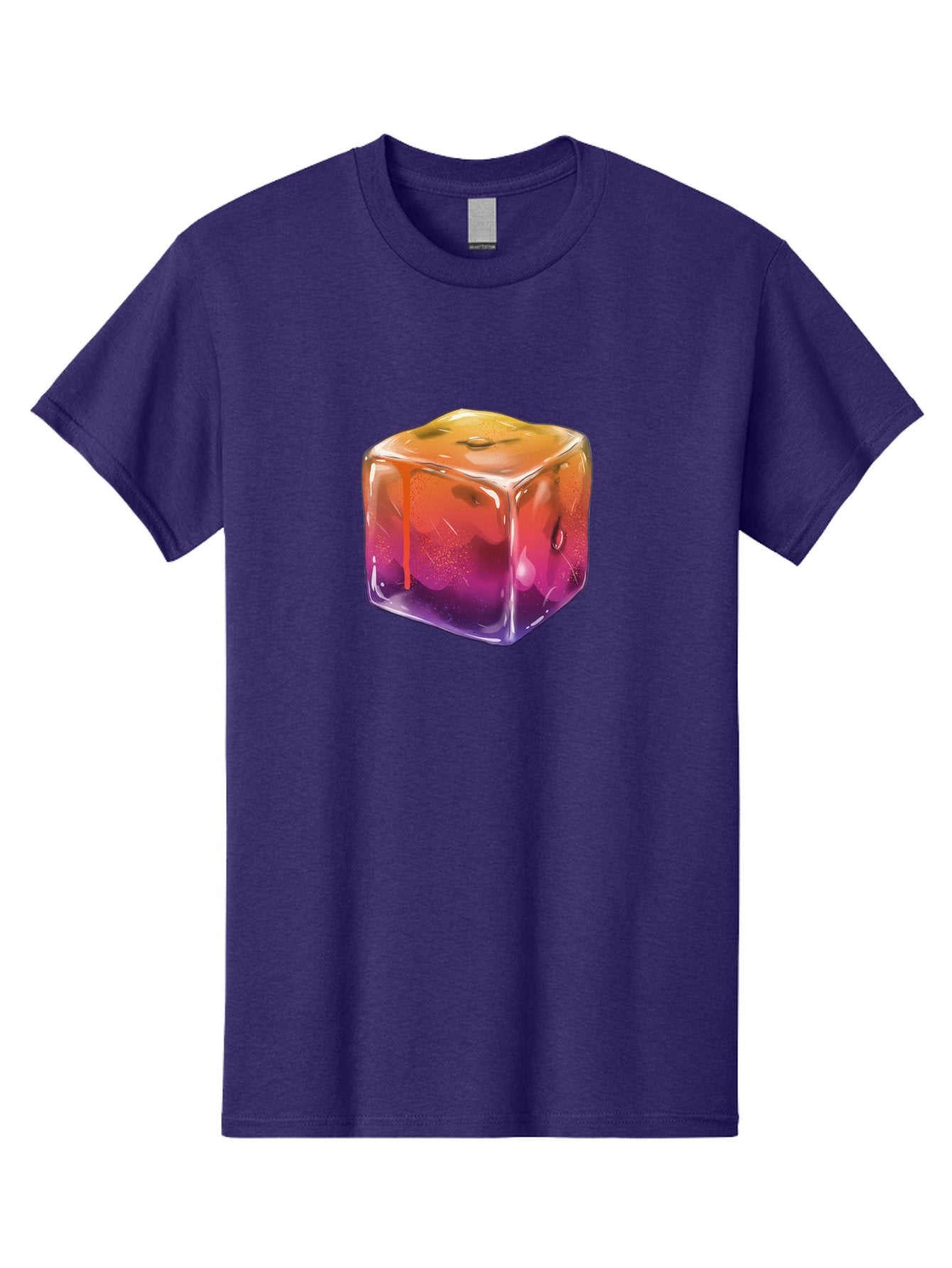 Melting-Ice-Cube Men'S Graphic Tee, 100% Cotton, Comfortable Casual Summer Wear, Machine Washable, Melting Ice Cube, Orange To Purple Gradient, Water Droplets, Melting Effect, Cool Design, Vibrant Colors, Refreshing Feel, Digital Art, Bad311 5