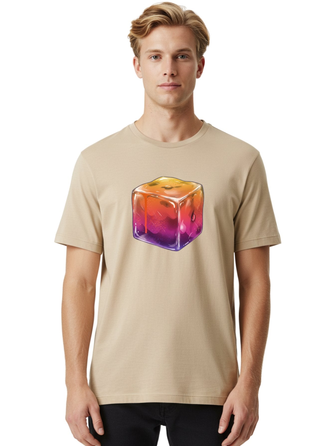 Melting-Ice-Cube Men'S Graphic Tee, 100% Cotton, Comfortable Casual Summer Wear, Machine Washable, Melting Ice Cube, Orange To Purple Gradient, Water Droplets, Melting Effect, Cool Design, Vibrant Colors, Refreshing Feel, Digital Art, Bad311 22