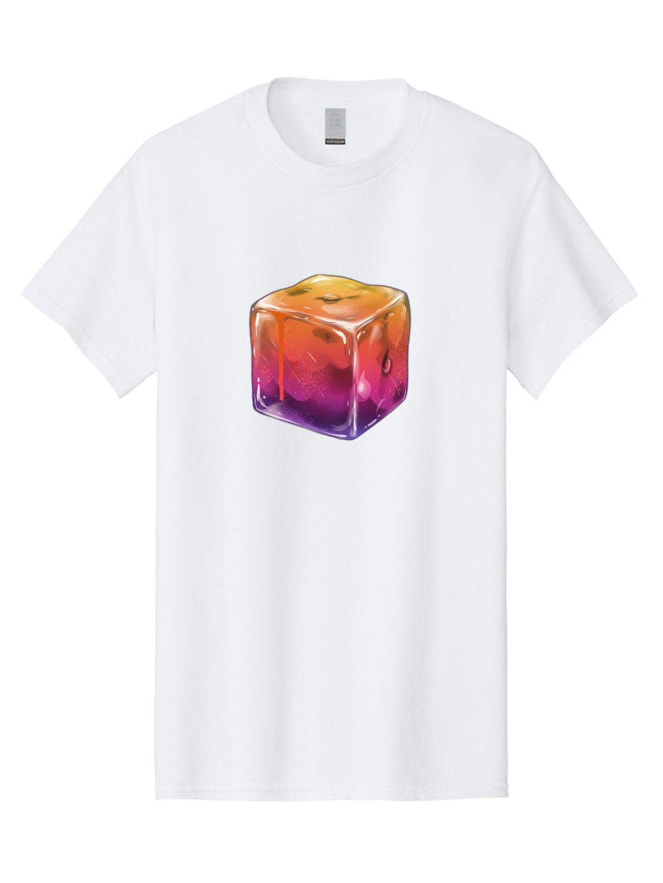 Melting-Ice-Cube Men'S Graphic Tee, 100% Cotton, Comfortable Casual Summer Wear, Machine Washable, Melting Ice Cube, Orange To Purple Gradient, Water Droplets, Melting Effect, Cool Design, Vibrant Colors, Refreshing Feel, Digital Art, Bad311