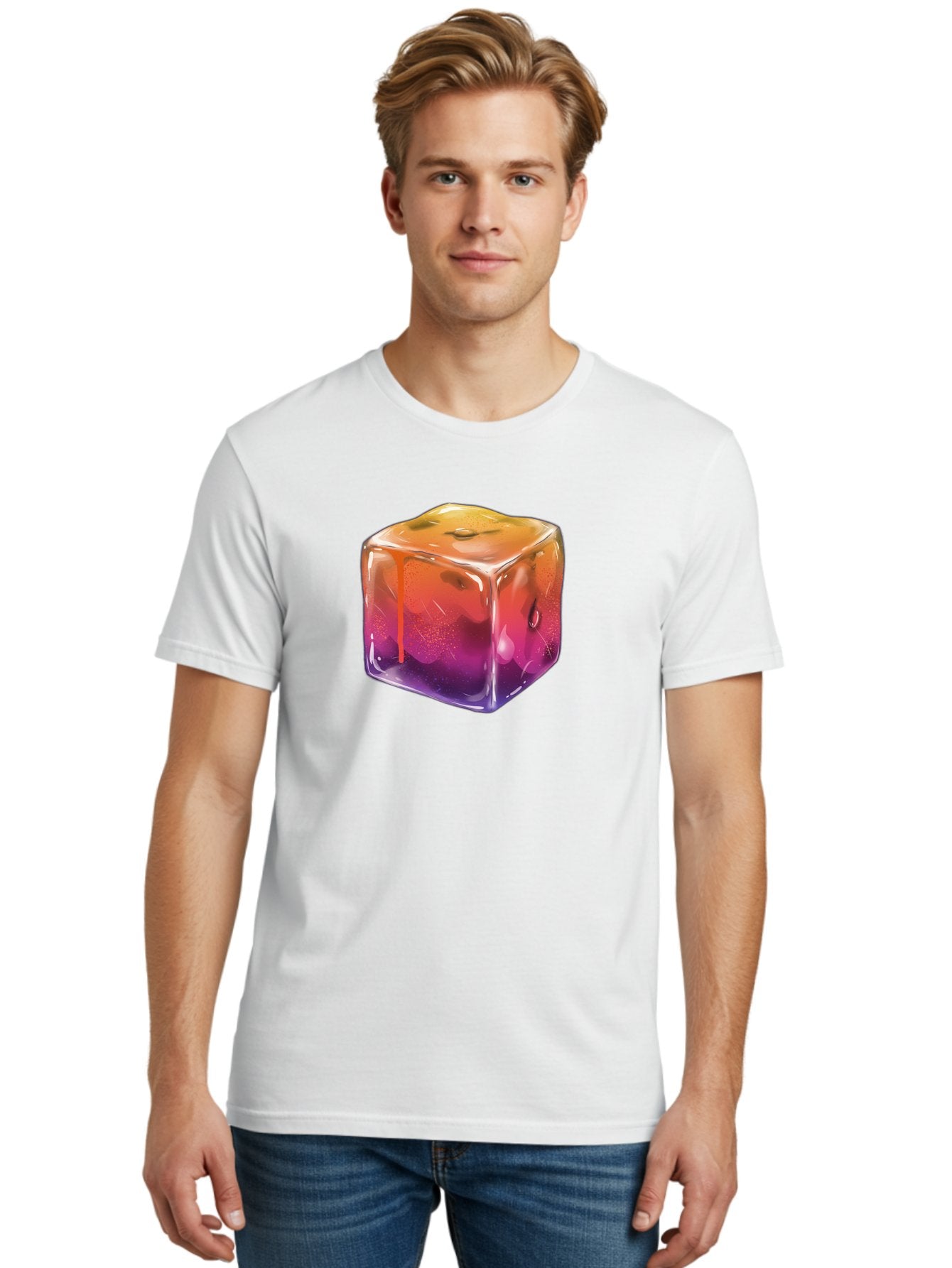 Melting-Ice-Cube Men'S Graphic Tee, 100% Cotton, Comfortable Casual Summer Wear, Machine Washable, Melting Ice Cube, Orange To Purple Gradient, Water Droplets, Melting Effect, Cool Design, Vibrant Colors, Refreshing Feel, Digital Art, Bad311 19