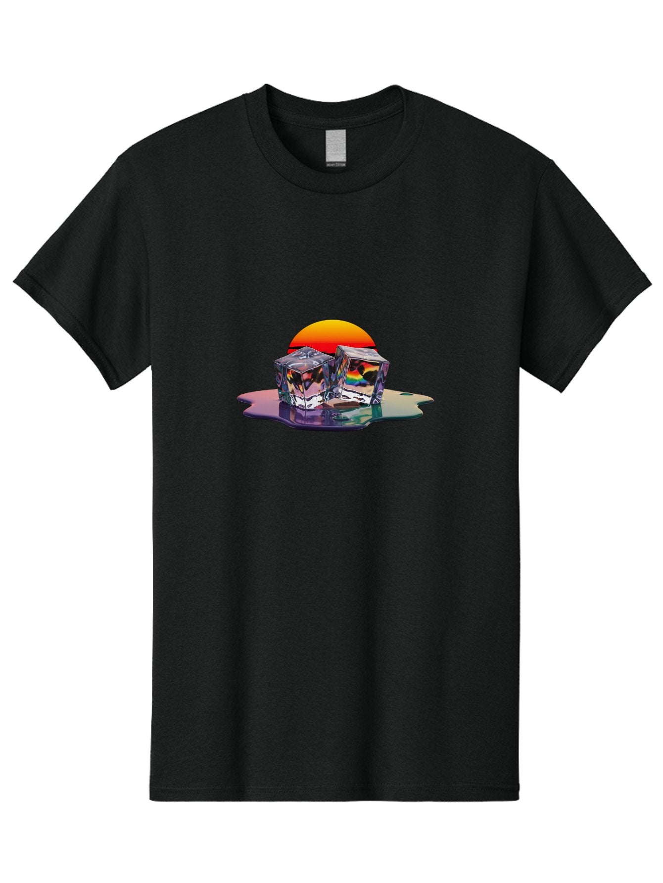 Melting-Ice-Cubes-1 Men'S Graphic Tee, 100% Cotton, Comfortable Casual Summer Wear, Machine Washable, Ice Cubes, Melting Ice, Reflective Surface, Rainbow Colors, Vibrant Sunset, Abstract Art, Cool Design, Futuristic Style, Liquid Splash Bad312 12