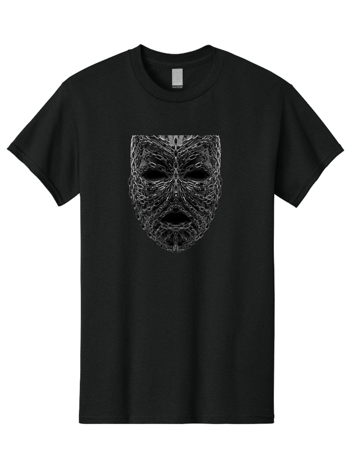 Metal-Chain-Mask Men'S Graphic Tee, 100% Cotton, Comfortable Casual Summer Wear, Machine Washable, Black Mask With Chains, Metal Chains Wrapped Around Face, Eerie Atmosphere, Dark Art, Gothic Style, Industrial Design, Chains, Mask, Bad316 10