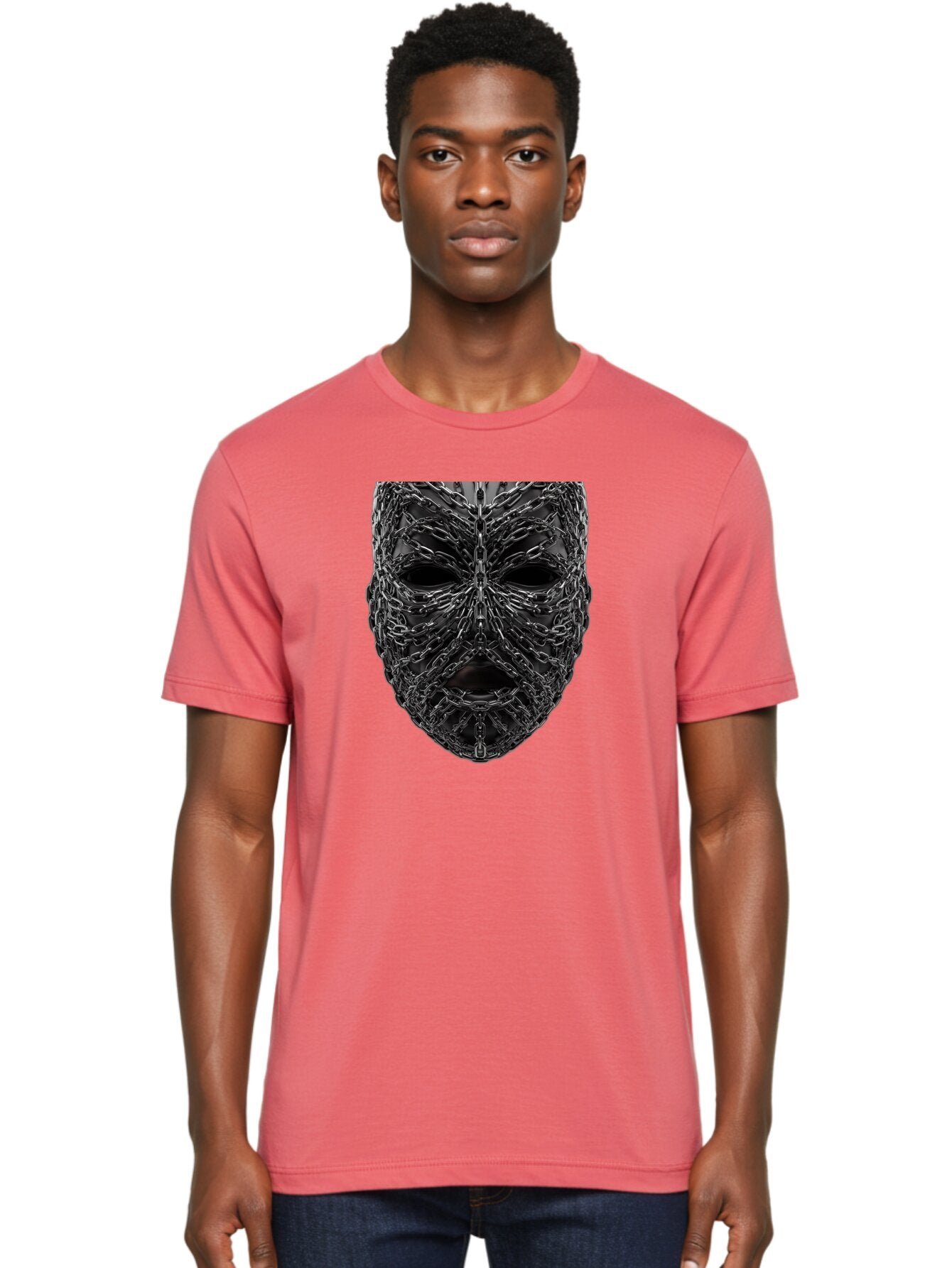 Metal-Chain-Mask Men'S Graphic Tee, 100% Cotton, Comfortable Casual Summer Wear, Machine Washable, Black Mask With Chains, Metal Chains Wrapped Around Face, Eerie Atmosphere, Dark Art, Gothic Style, Industrial Design, Chains, Mask, Bad316 21