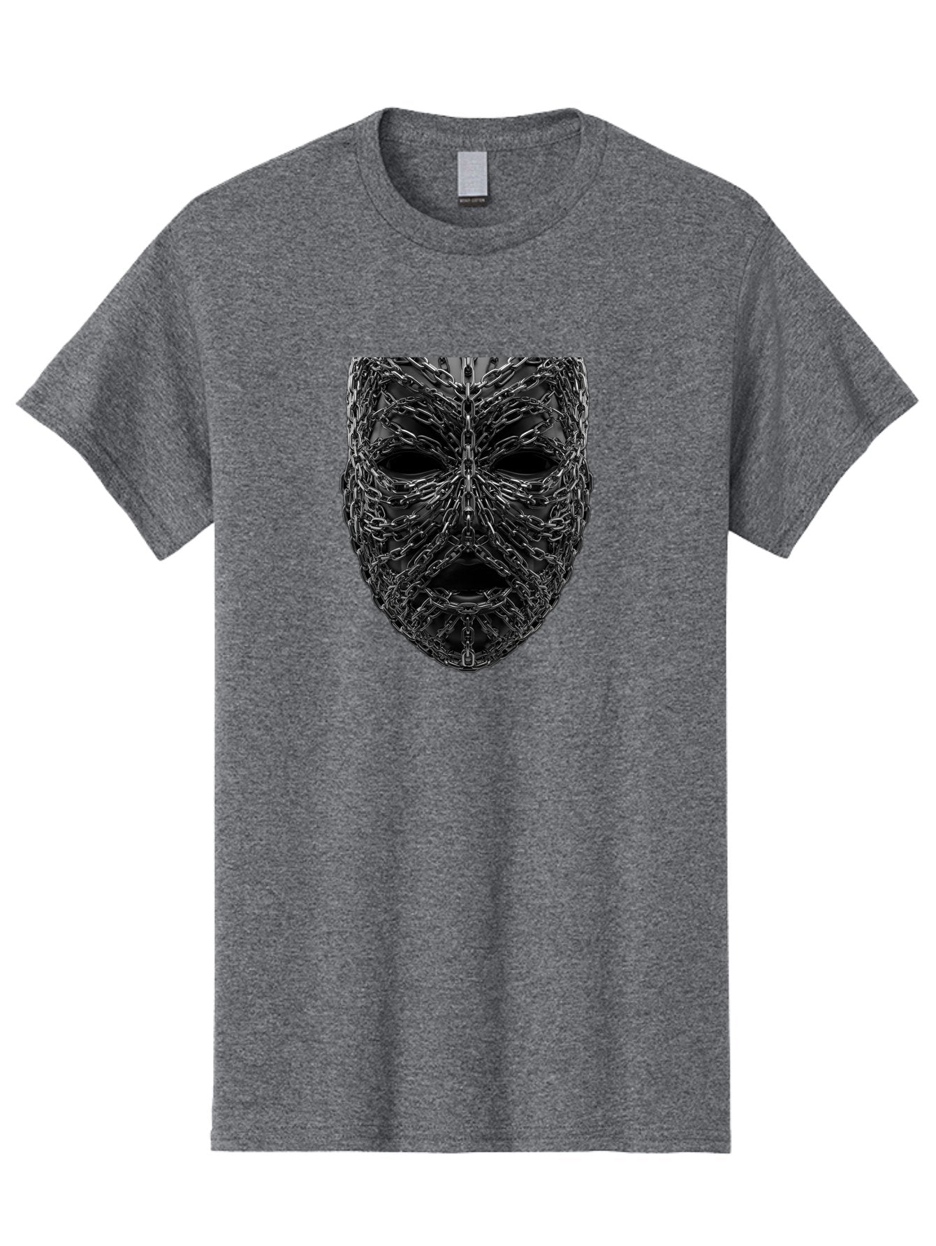 Metal-Chain-Mask Men'S Graphic Tee, 100% Cotton, Comfortable Casual Summer Wear, Machine Washable, Black Mask With Chains, Metal Chains Wrapped Around Face, Eerie Atmosphere, Dark Art, Gothic Style, Industrial Design, Chains, Mask, Bad316 11