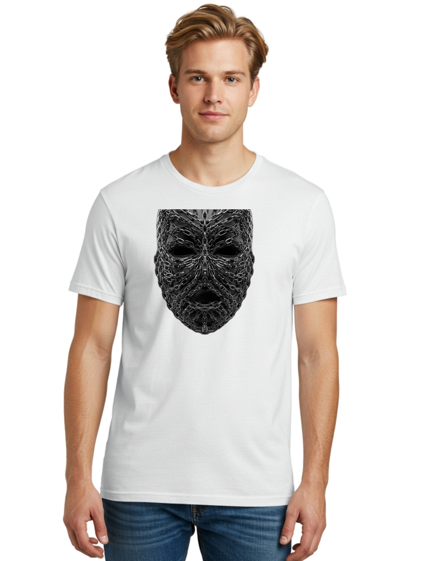 Metal-Chain-Mask Men'S Graphic Tee, 100% Cotton, Comfortable Casual Summer Wear, Machine Washable, Black Mask With Chains, Metal Chains Wrapped Around Face, Eerie Atmosphere, Dark Art, Gothic Style, Industrial Design, Chains, Mask, Bad316 23