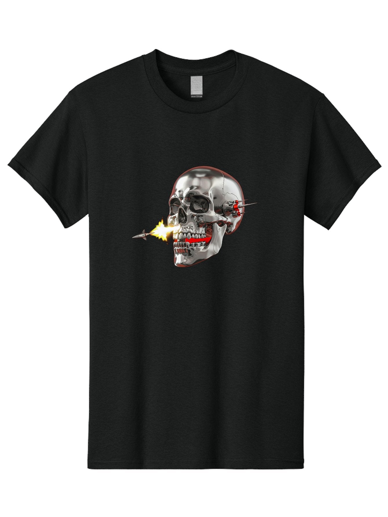 Metal-Skull Men'S Graphic Tee, 100% Cotton, Comfortable Casual Summer Wear, Machine Washable, Metal Skull, Robotic Skull, Futuristic Design, Cybernetic Enhancements, Metallic Finish, Sharp Teeth, Red Accents, Sci-Fi Element, Metal Implants, Bad317