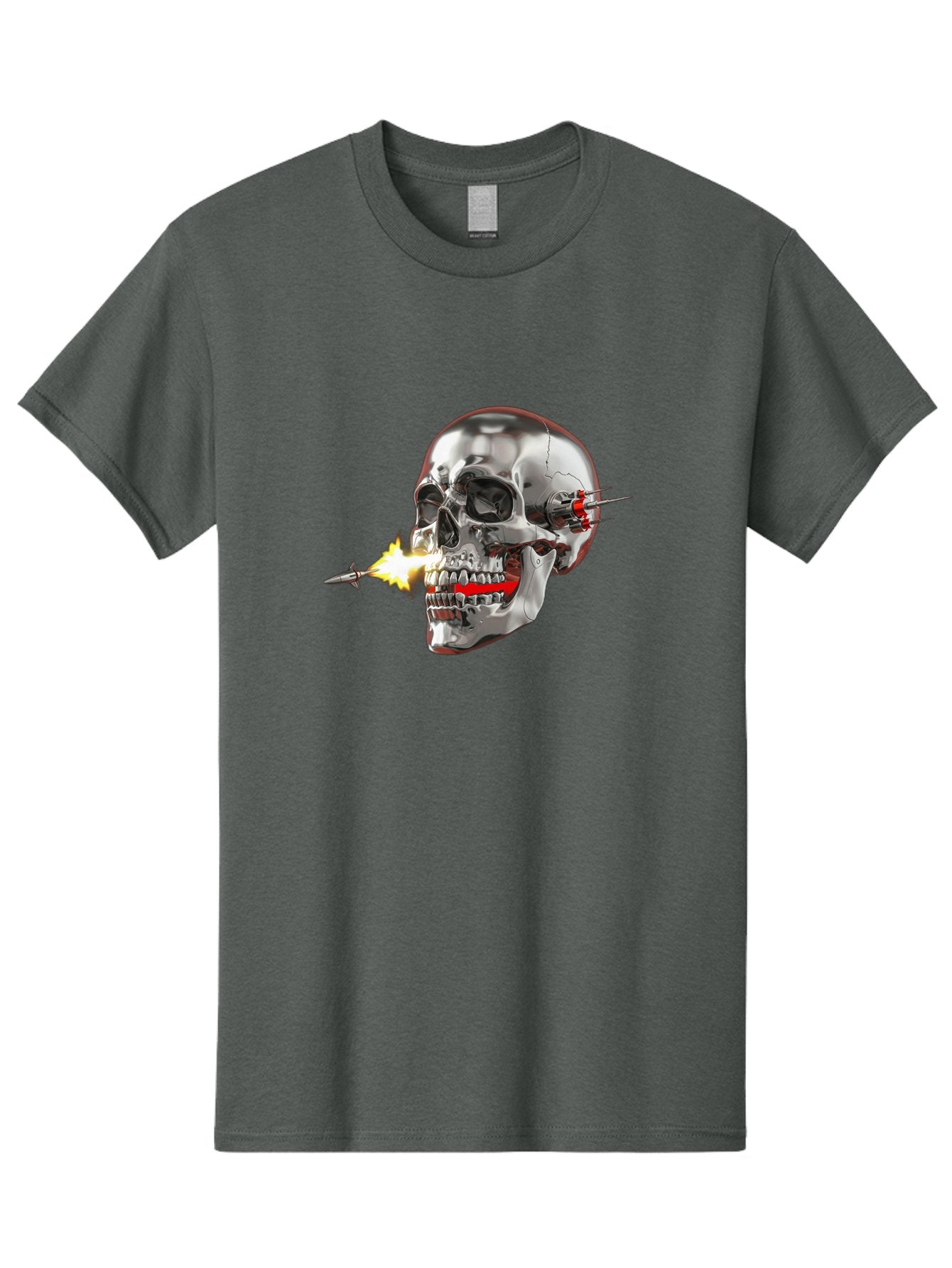 Metal-Skull Men'S Graphic Tee, 100% Cotton, Comfortable Casual Summer Wear, Machine Washable, Metal Skull, Robotic Skull, Futuristic Design, Cybernetic Enhancements, Metallic Finish, Sharp Teeth, Red Accents, Sci-Fi Element, Metal Implants, Bad317 10
